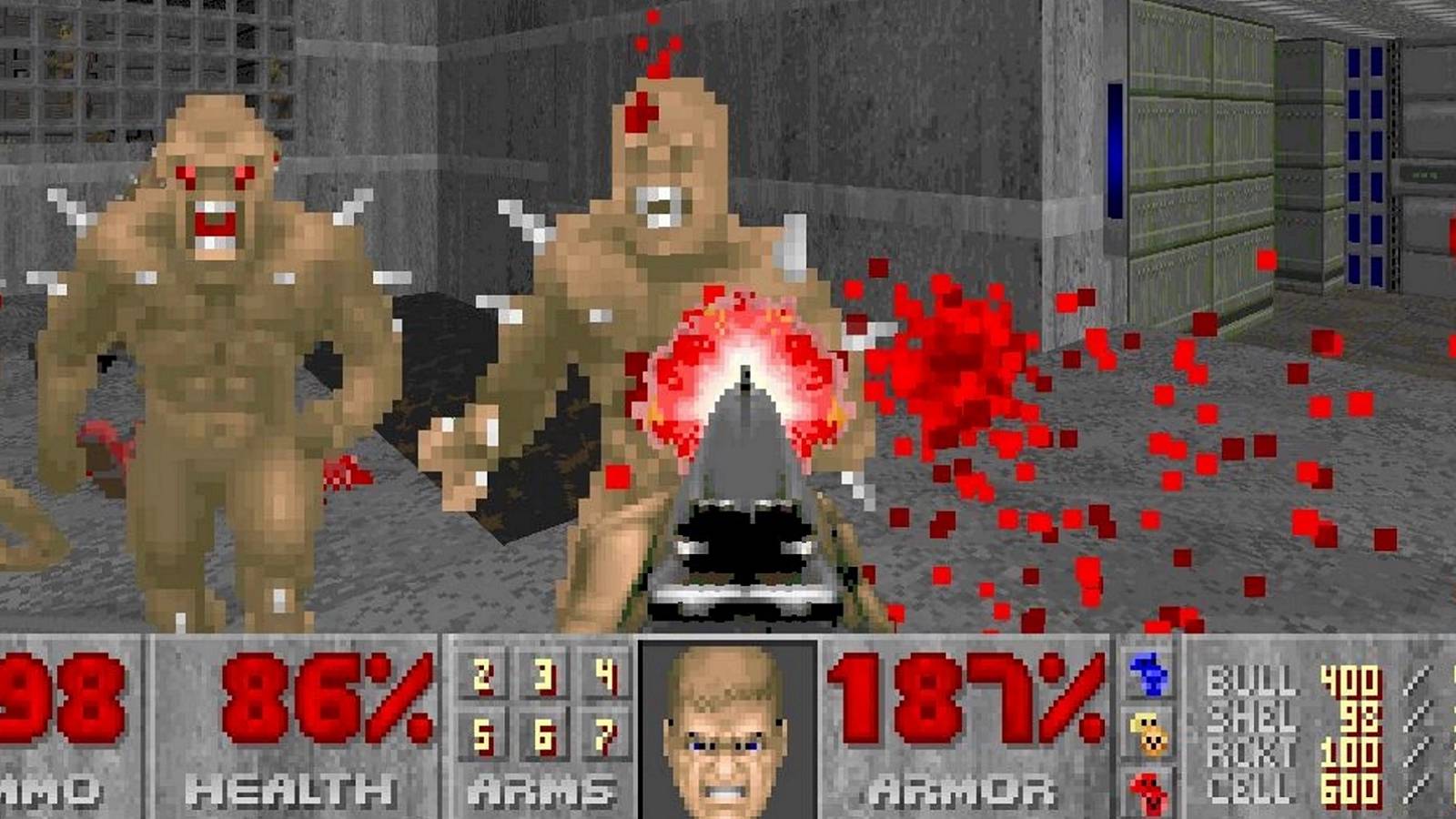 A screenshot from Doom showing an approaching imp being killed by the shotgun.