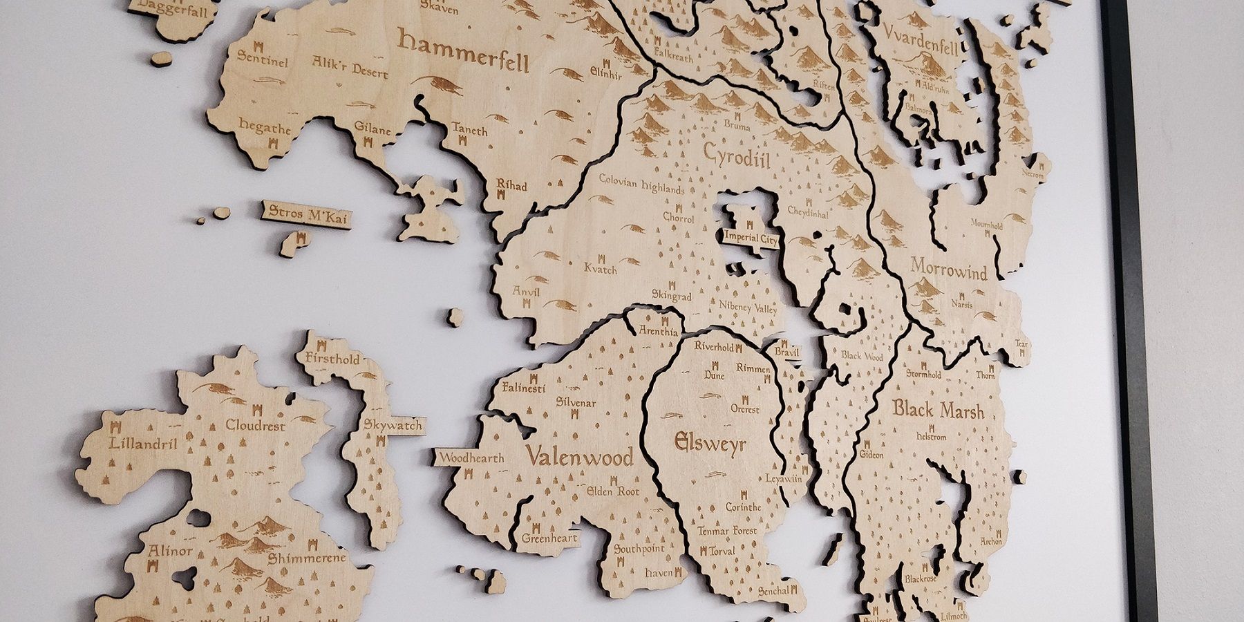 A photo showing a laser burned map of Tamriel from The Elder Scrolls series.