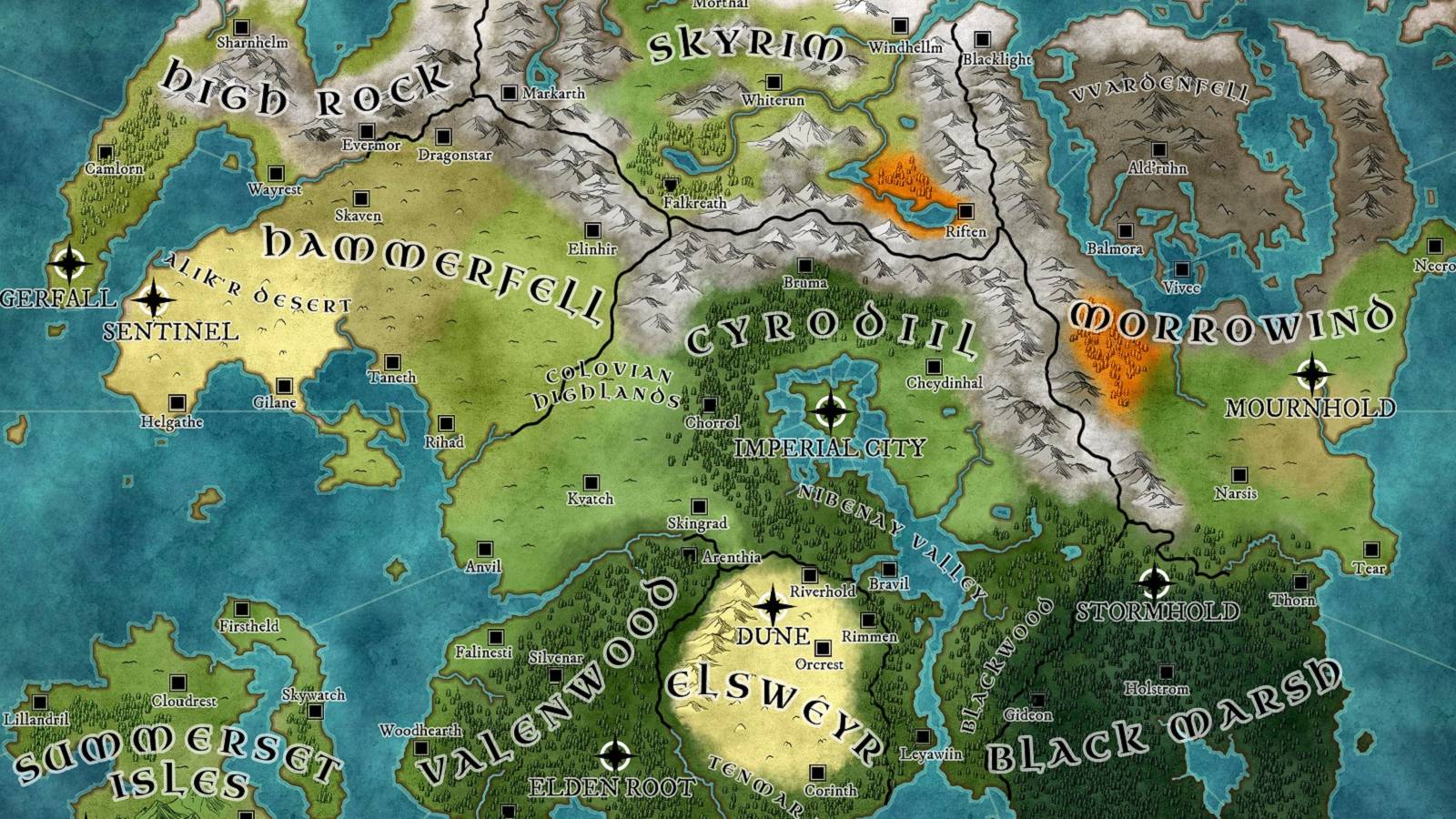 Image of all the different regions of Tamriel from The Elder Scrolls games.
