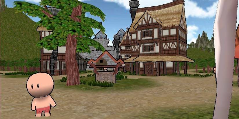 Round headed character in village.