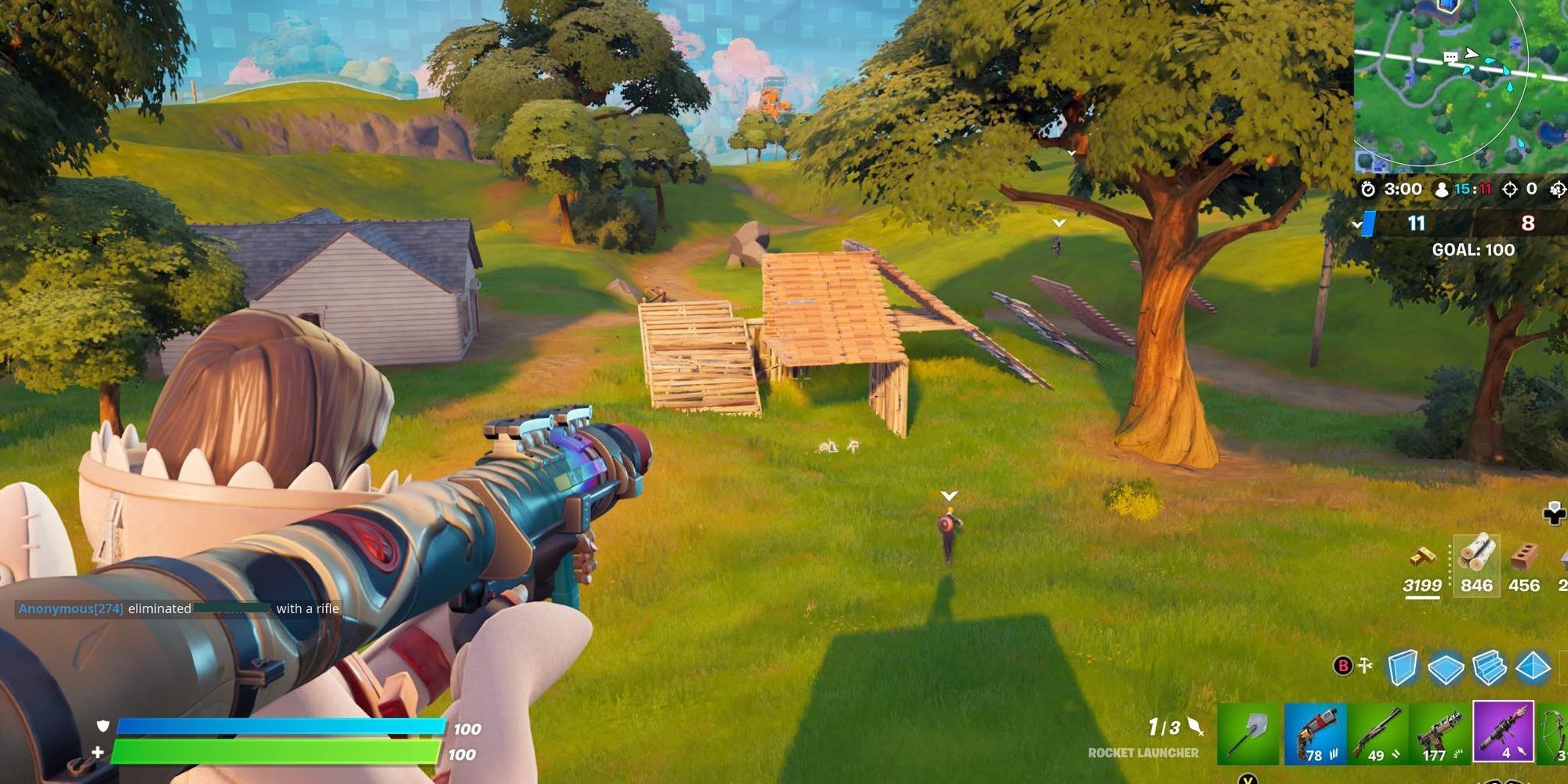 Screenshot of Fortnite Rocket Launcher aimed at player structure