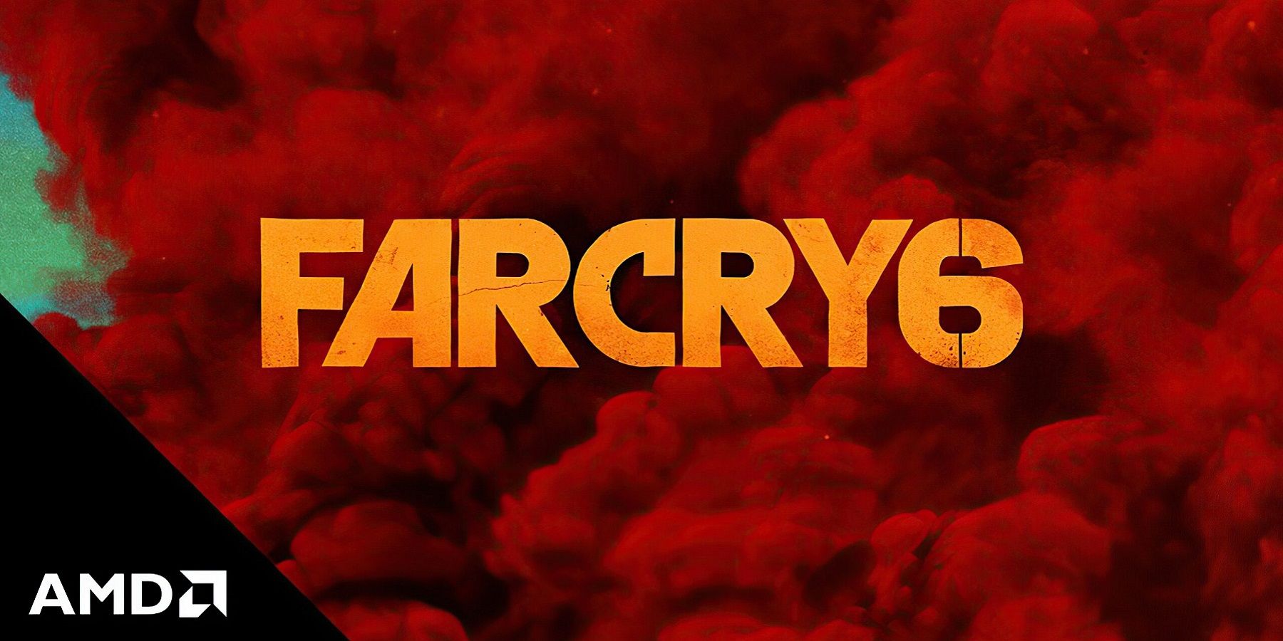 Image showing the Far Cry 6 logo with red smoke behind it, and the AMD logo in the bottom left corner.
