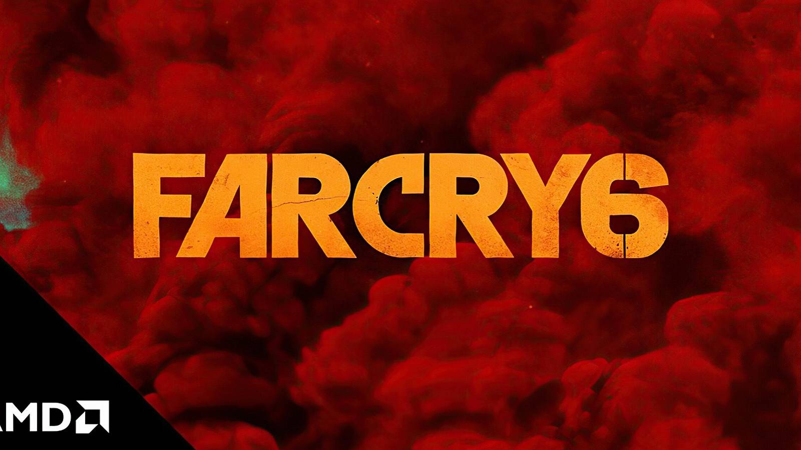 Image showing the Far Cry 6 logo with red smoke behind it, and the AMD logo in the bottom left corner.
