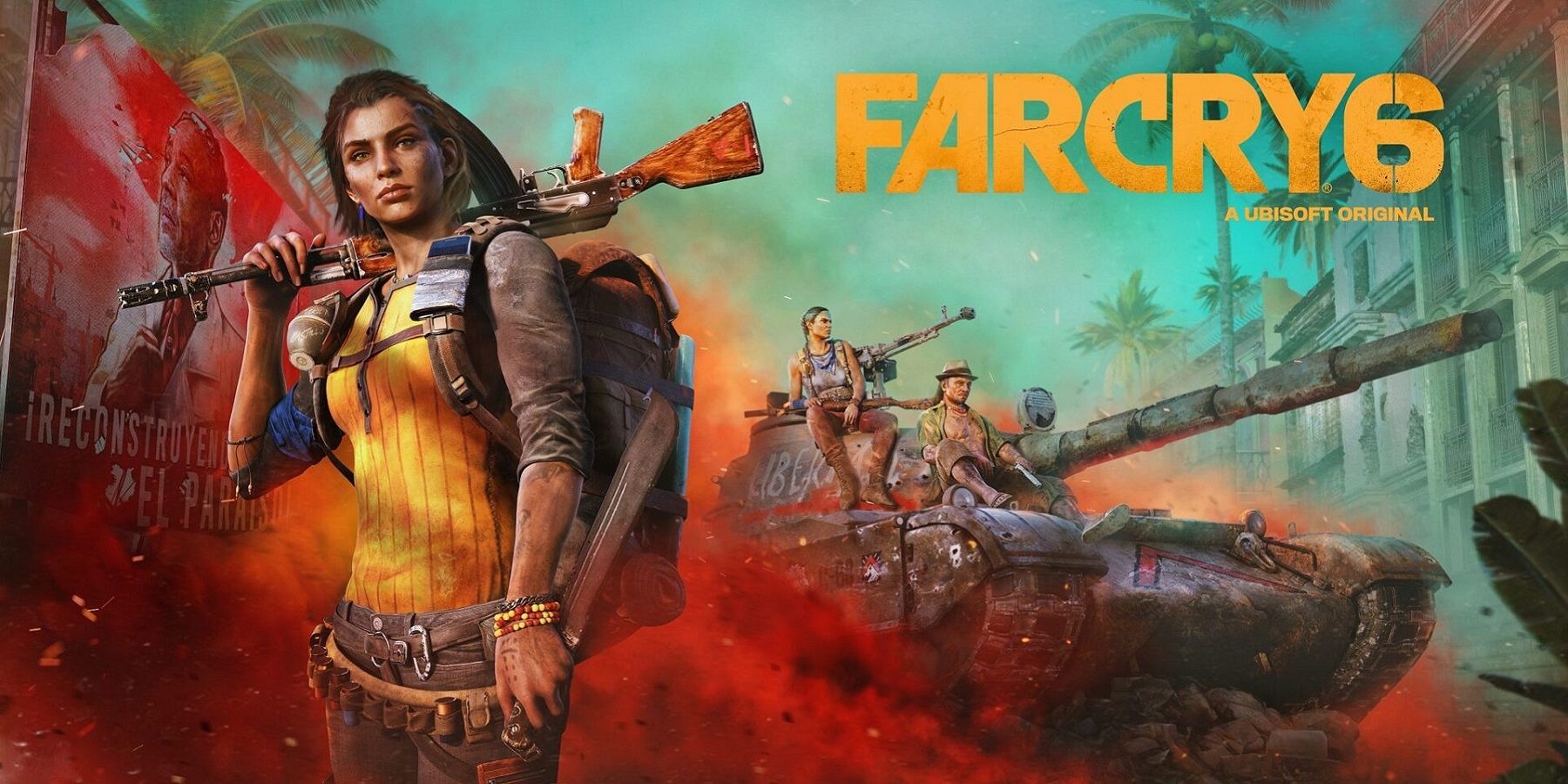 Image from Far Cry 6 showing Dani Rojas holding a rifle, with a tank in the background.