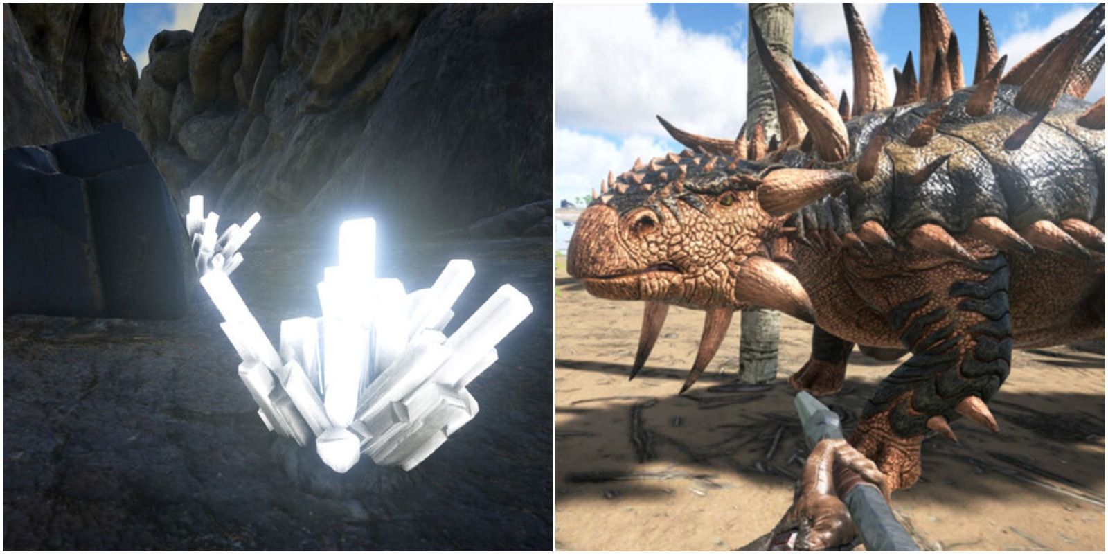 feature image ark survival evolved find crystal guide white crystal in volcano and an ankylosaurus