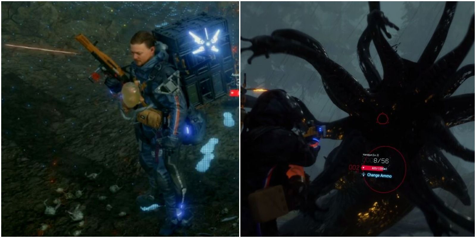 feature image death stranding four weapon types guide sam holding shotgun and fighting a BT with a handgun