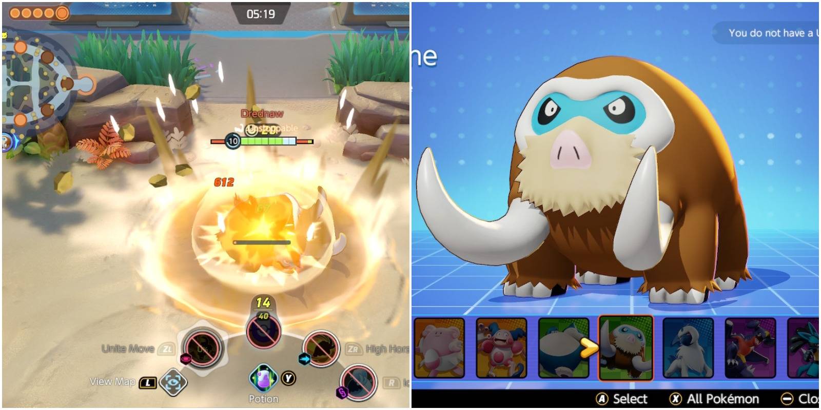 feature image pokemon unite mamoswine build guide mamoswine using unite move and in blue menu