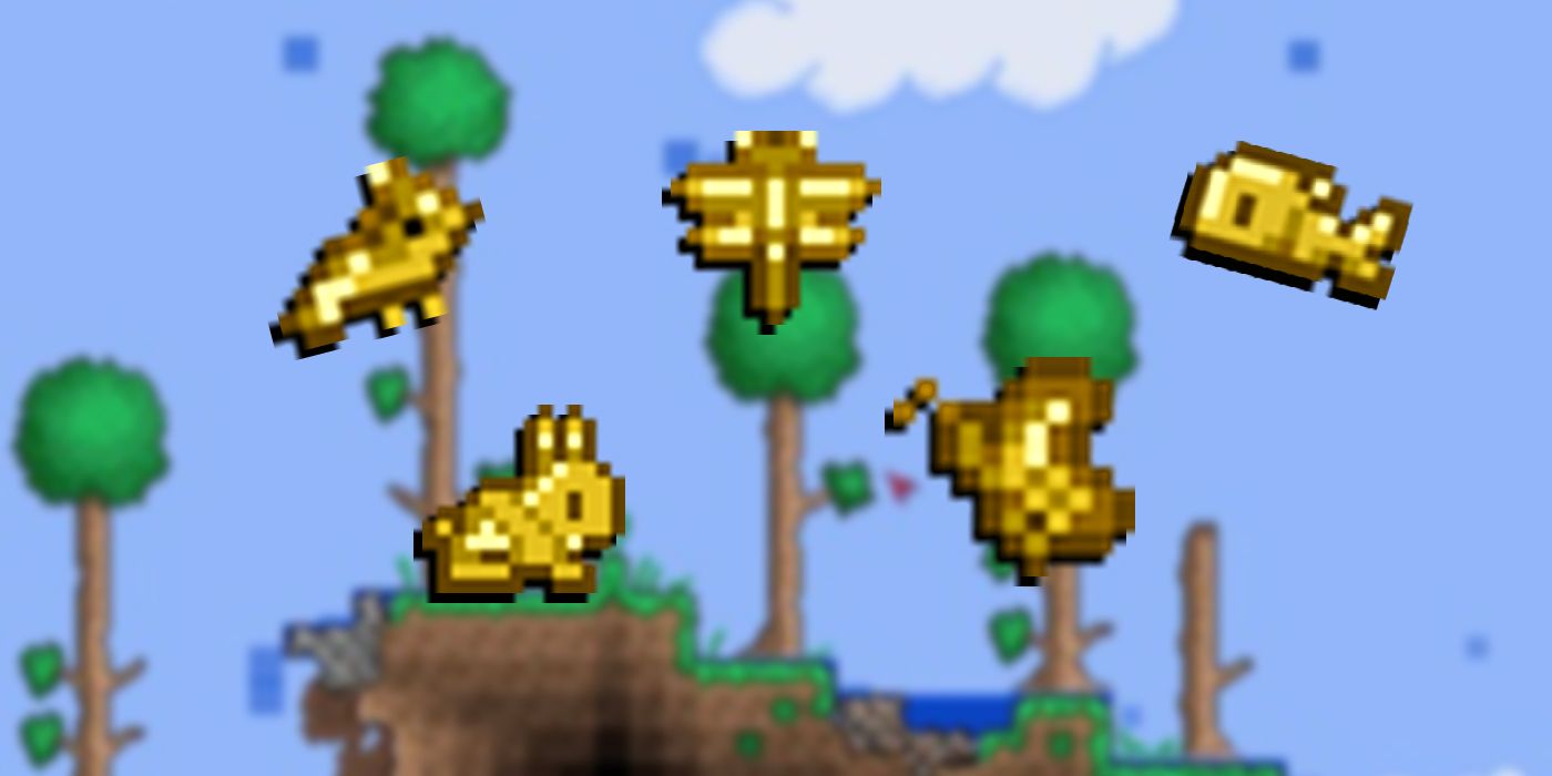 тематическое изображение terraria Golden Critter Guide золотая птица кролик стрекоза бабочка и рыба иконки-старые