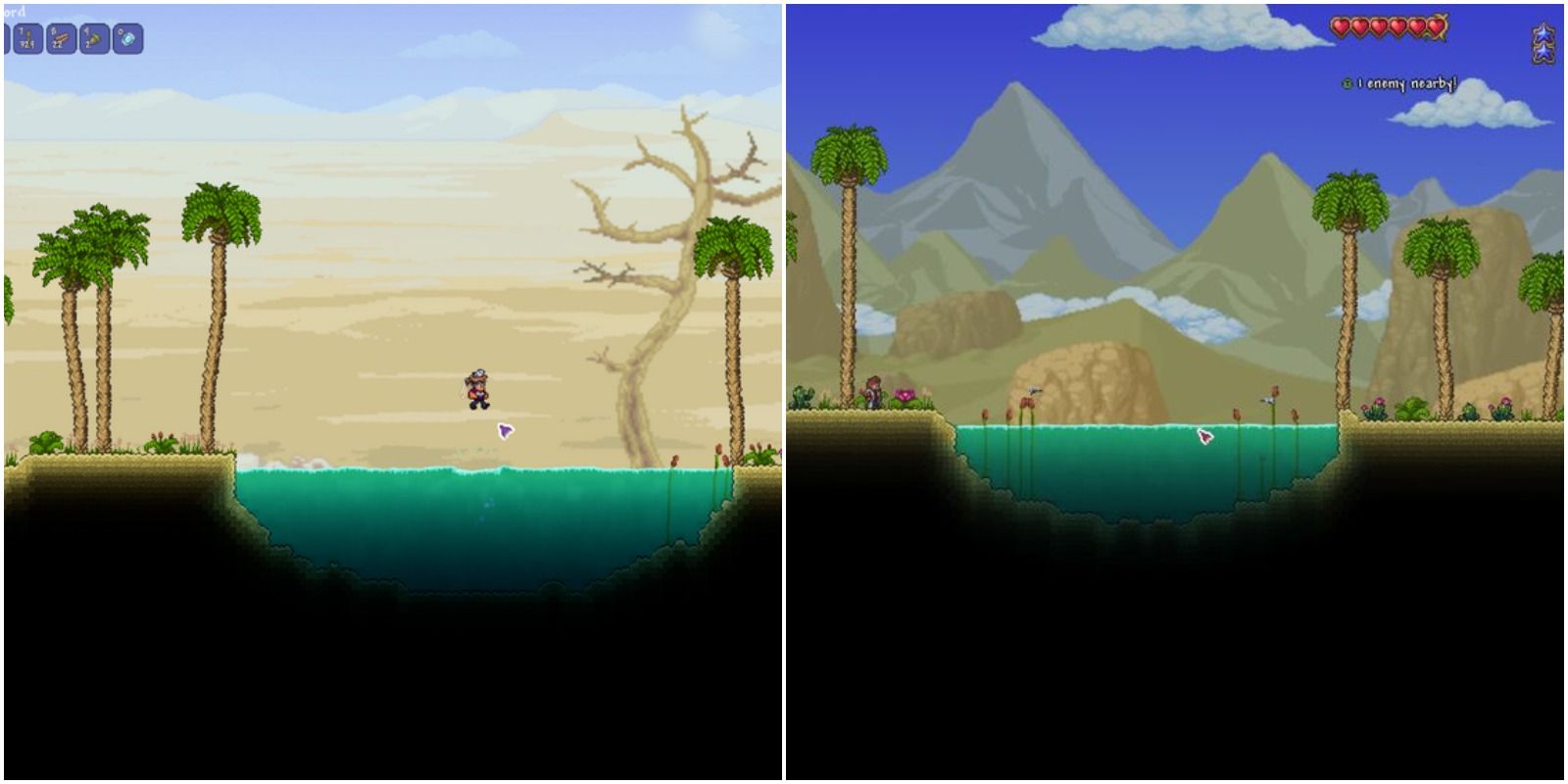 feature image terraria oasis biome with desert and mountain backgrounds