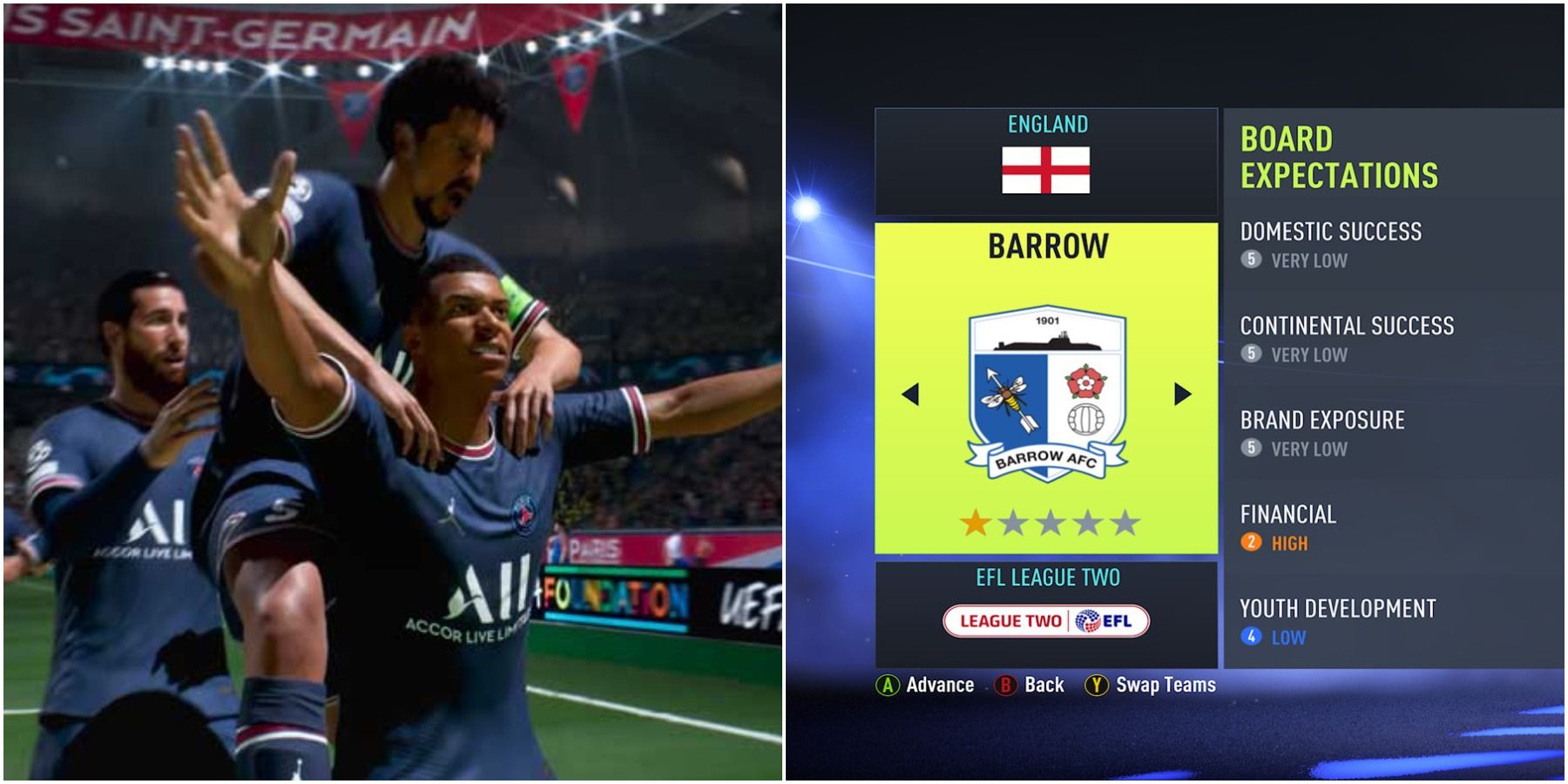 (Left) PSG players celebrating (Right) Barrow details