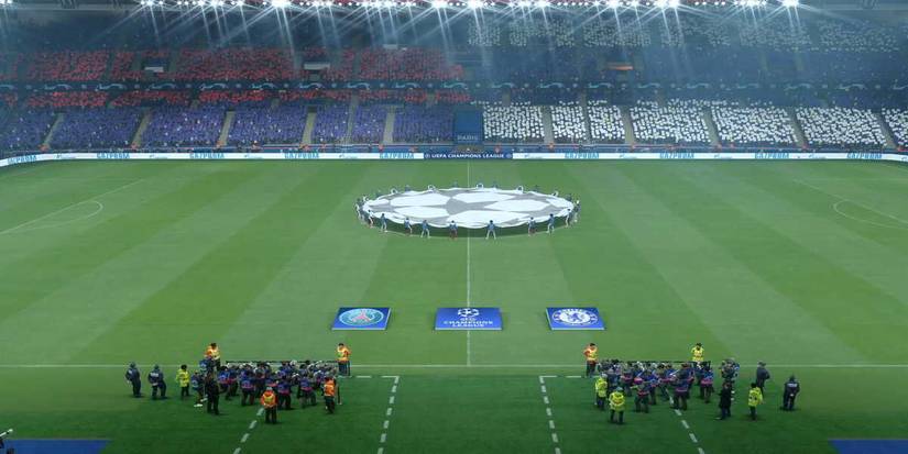 Champions League logo on a pitch