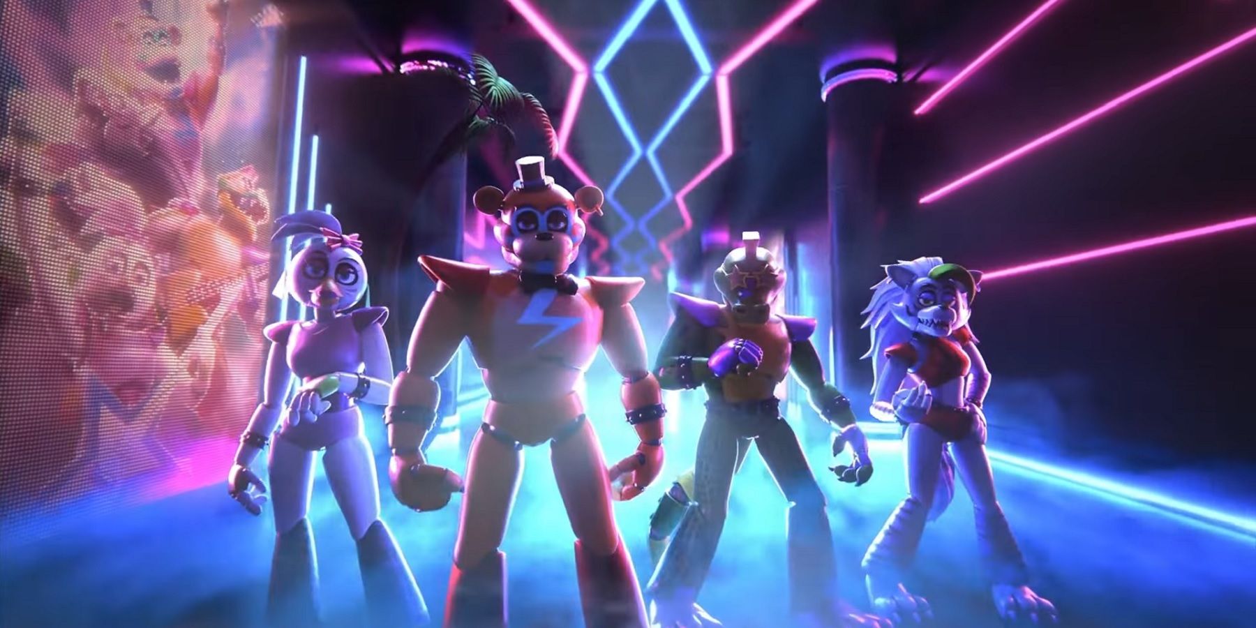 Screenshot from the Five Nights at Freddys: Security Breach trailer showing all the characters posing as a band.
