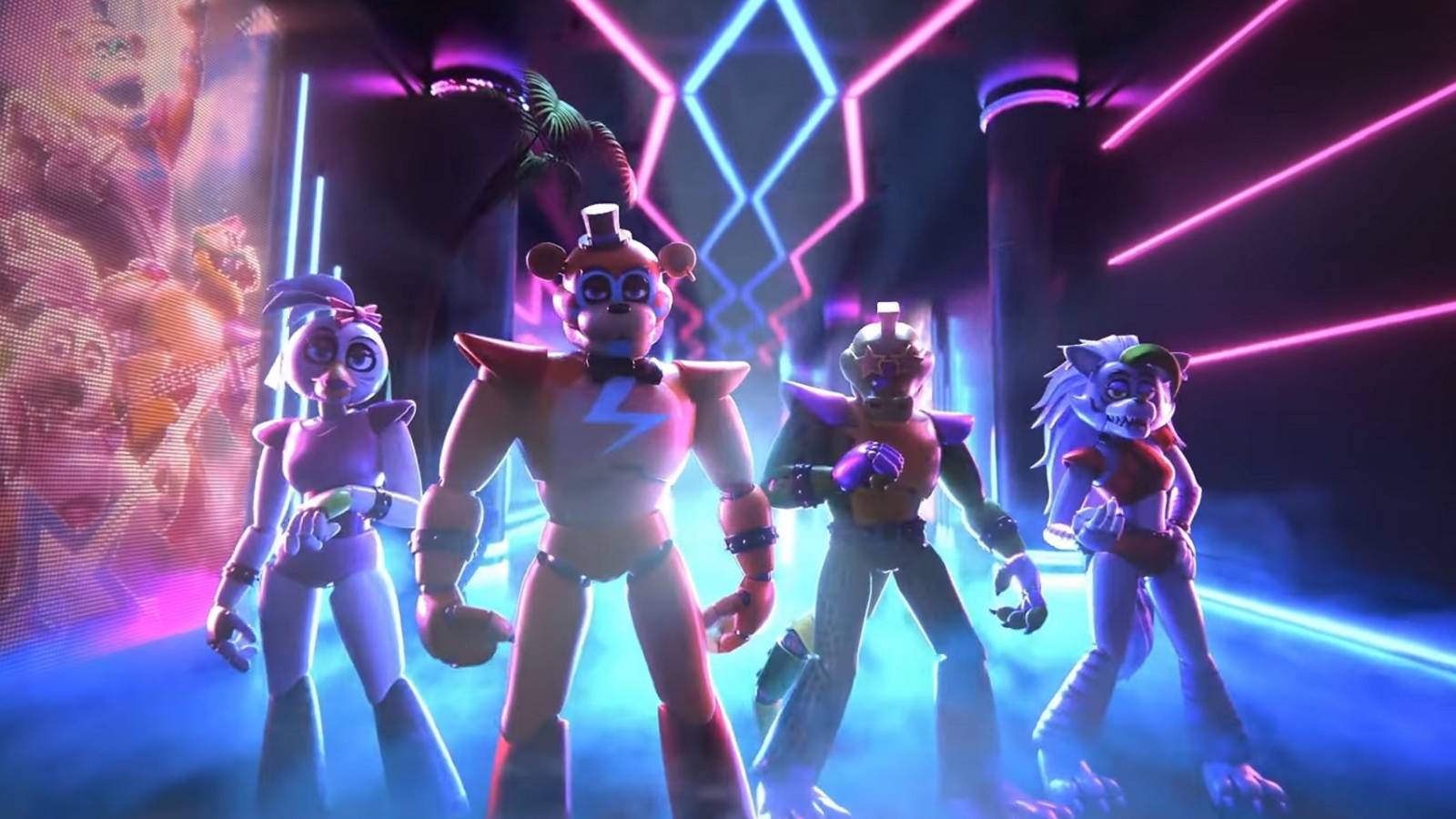 Screenshot from the Five Nights at Freddys: Security Breach trailer showing all the characters posing as a band.