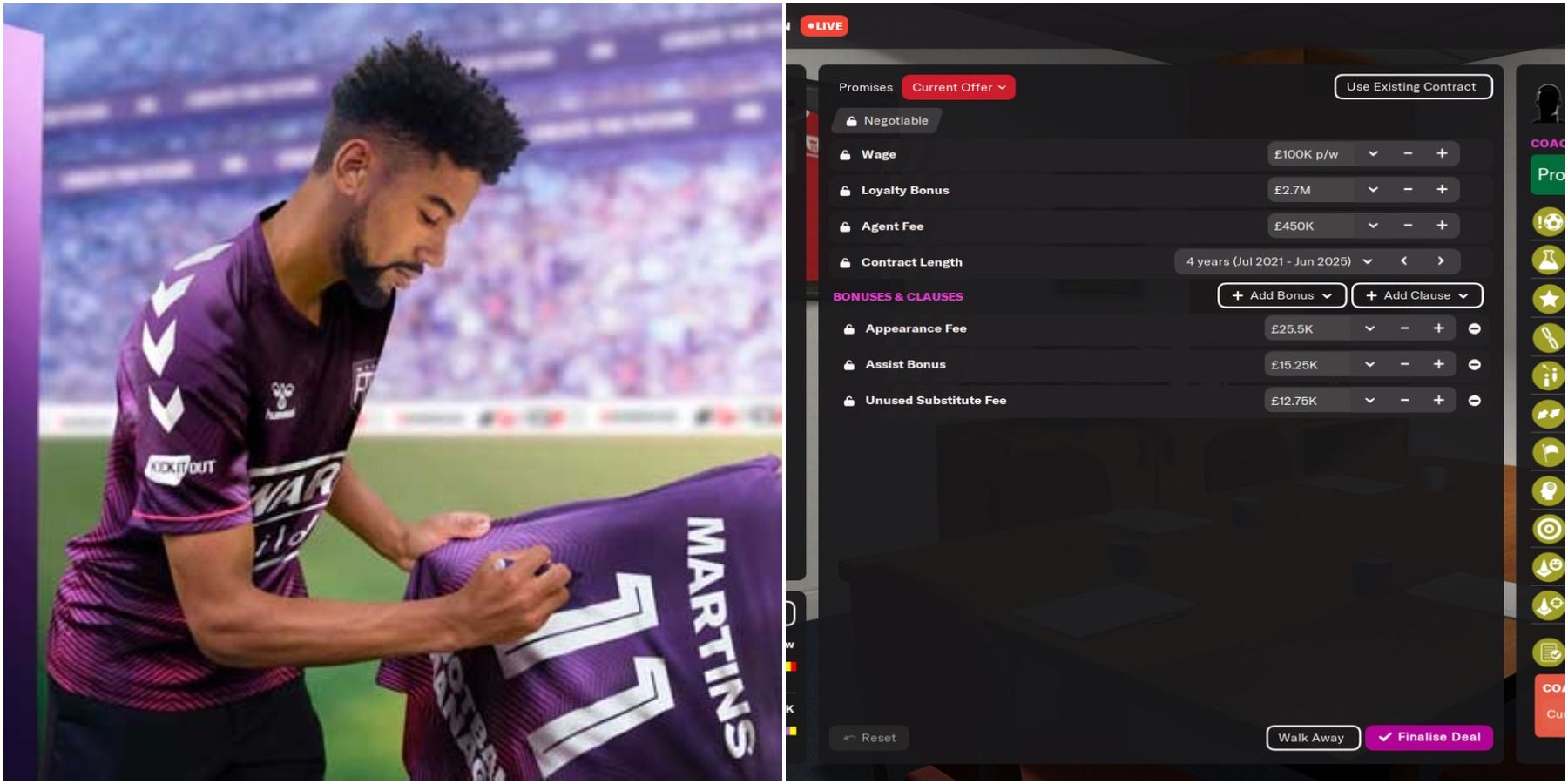(Left) Player signing a shirt (Right) Contract offer details