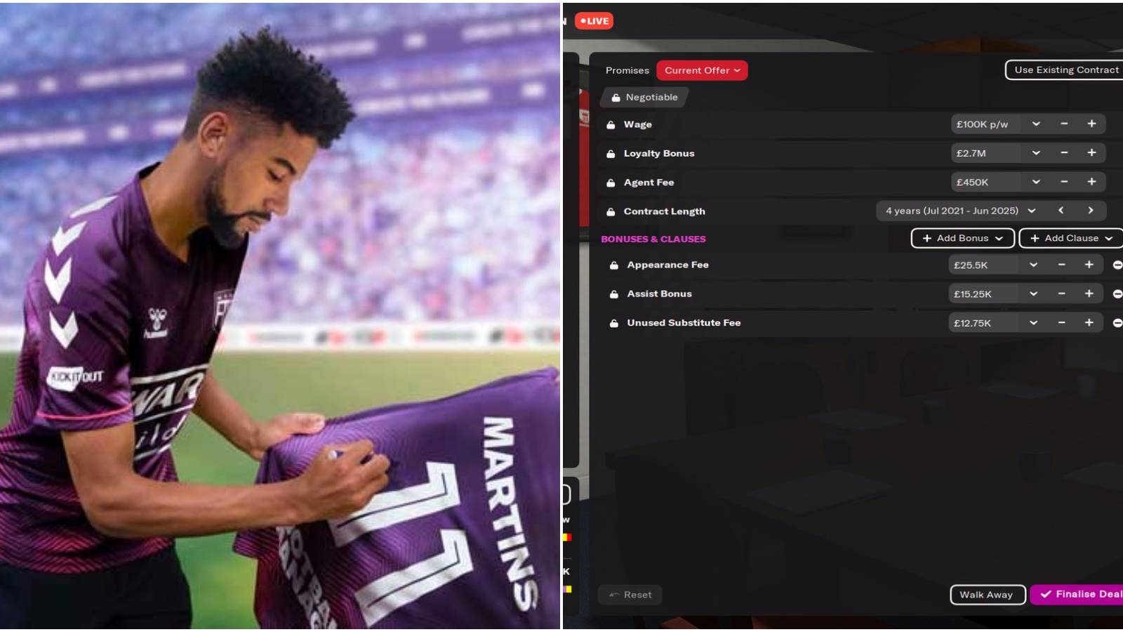 (Left) Player signing a shirt (Right) Contract offer details