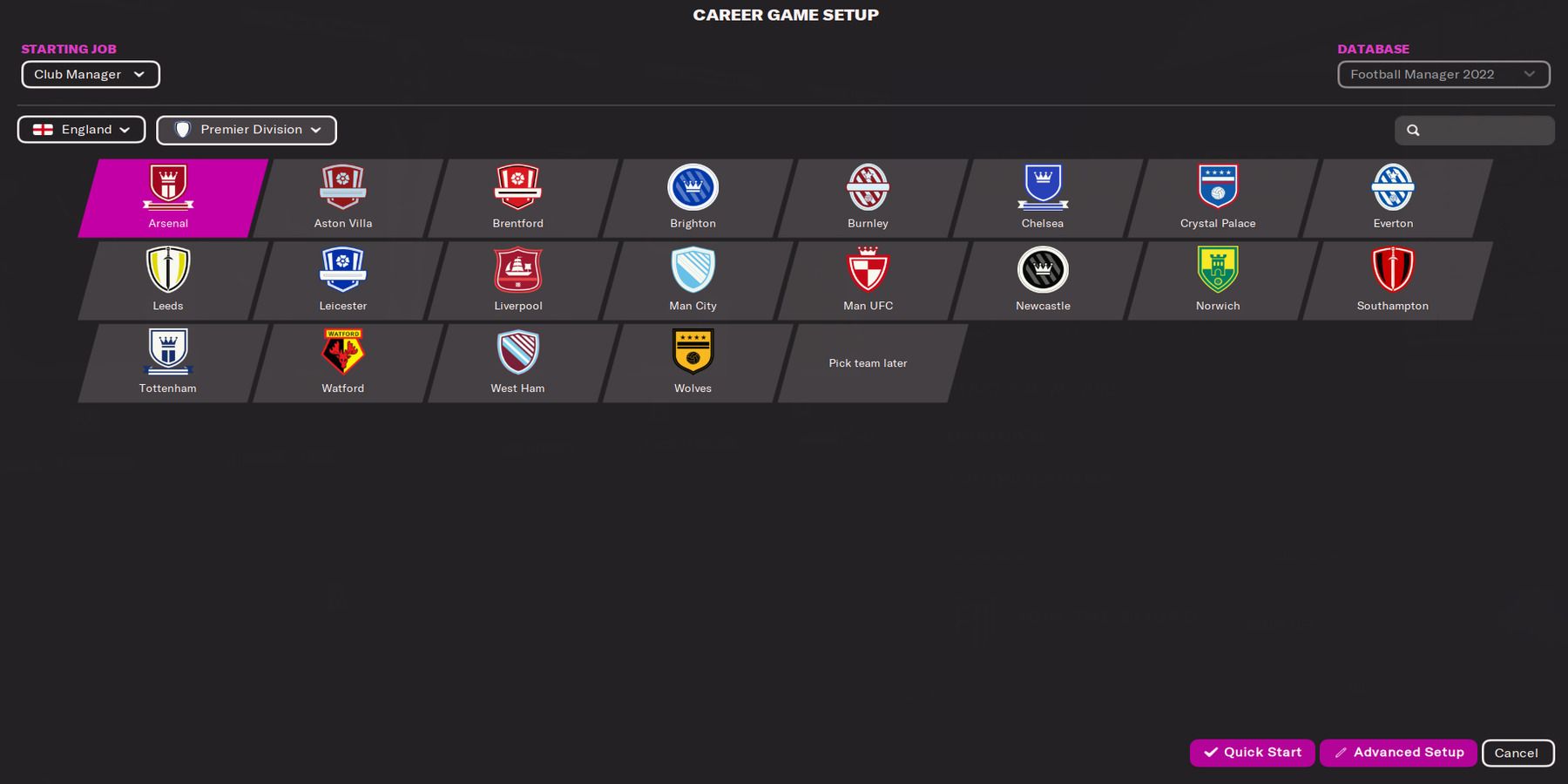 Career Game Setup with Arsenal highlighted