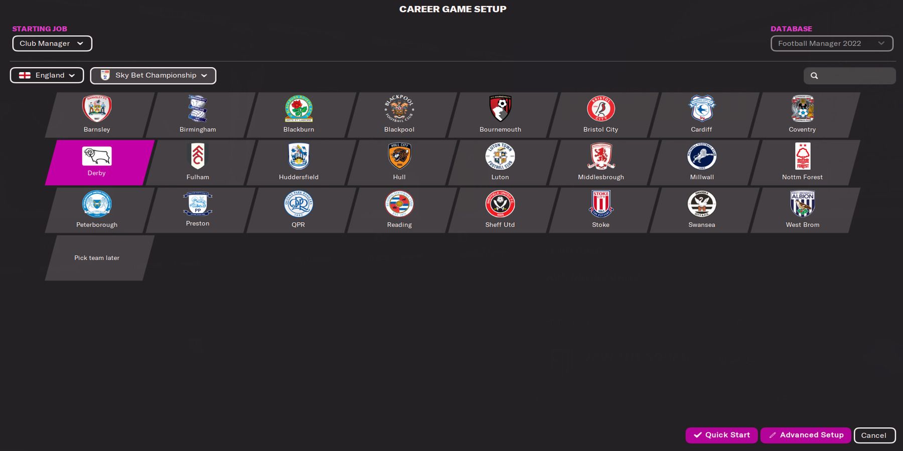 Career Game Setup with Derby County highlighted