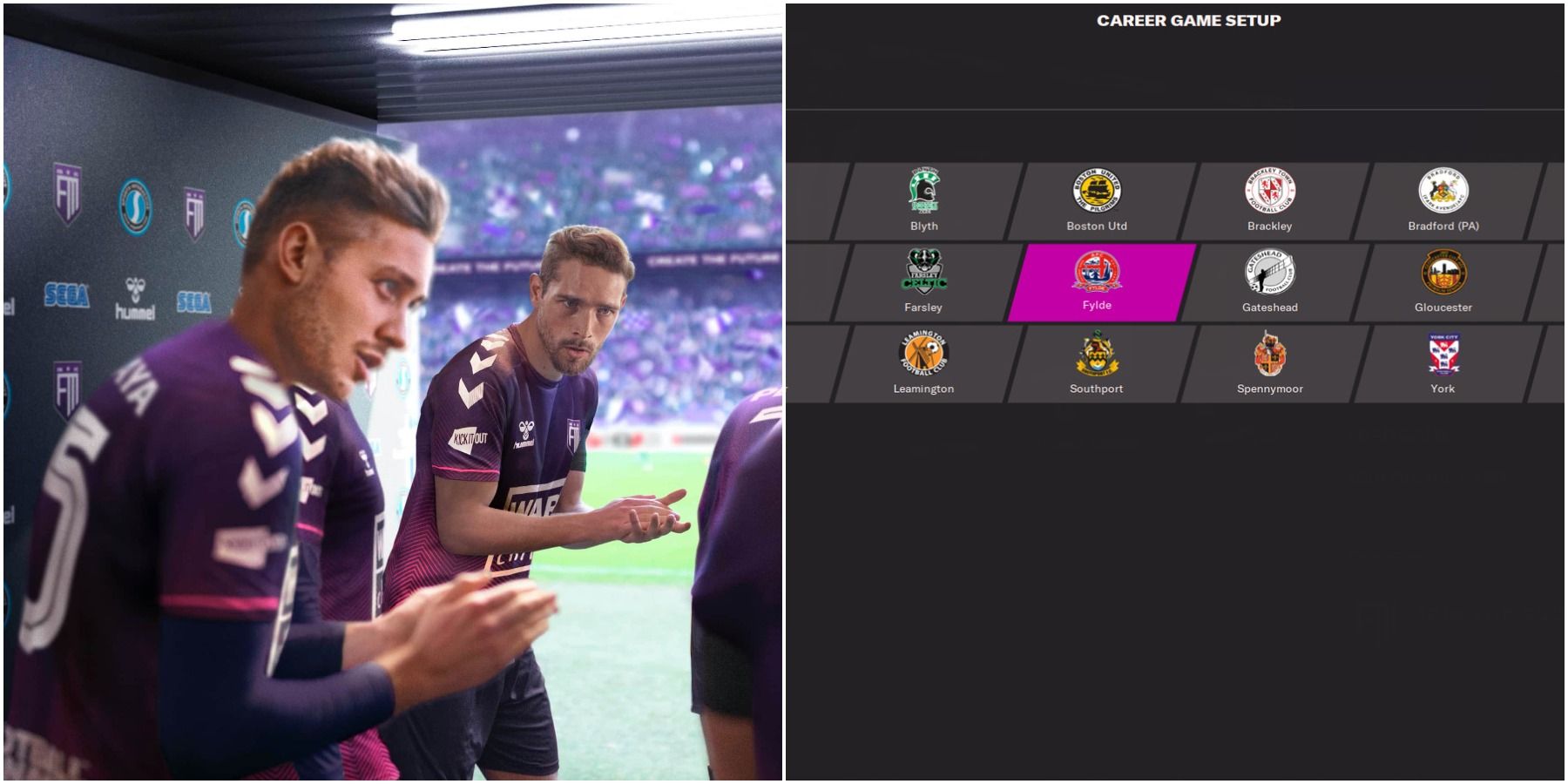 (Left) Promotional image of players clapping (Right) Team selection screen