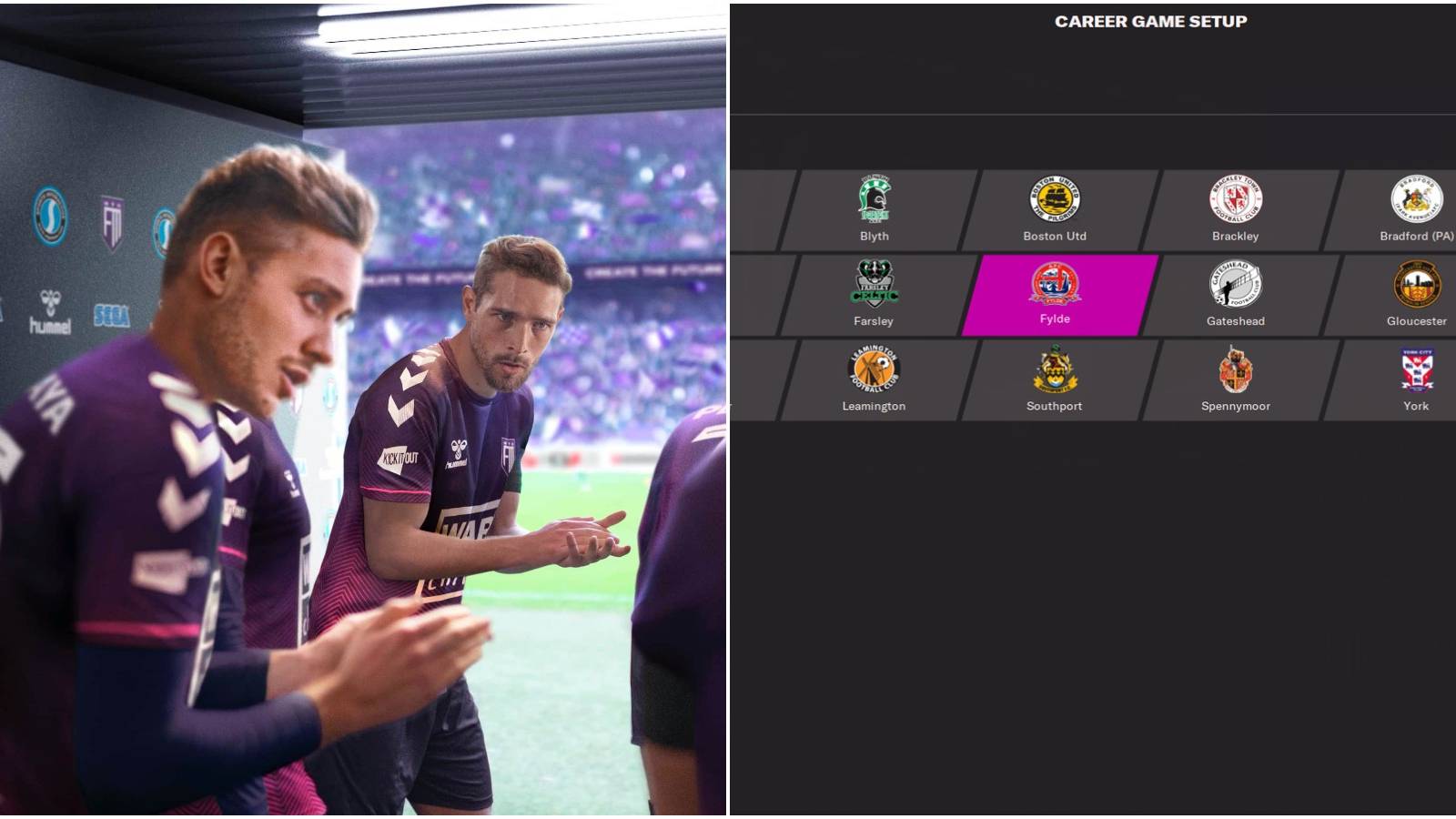 (Left) Promotional image of players clapping (Right) Team selection screen