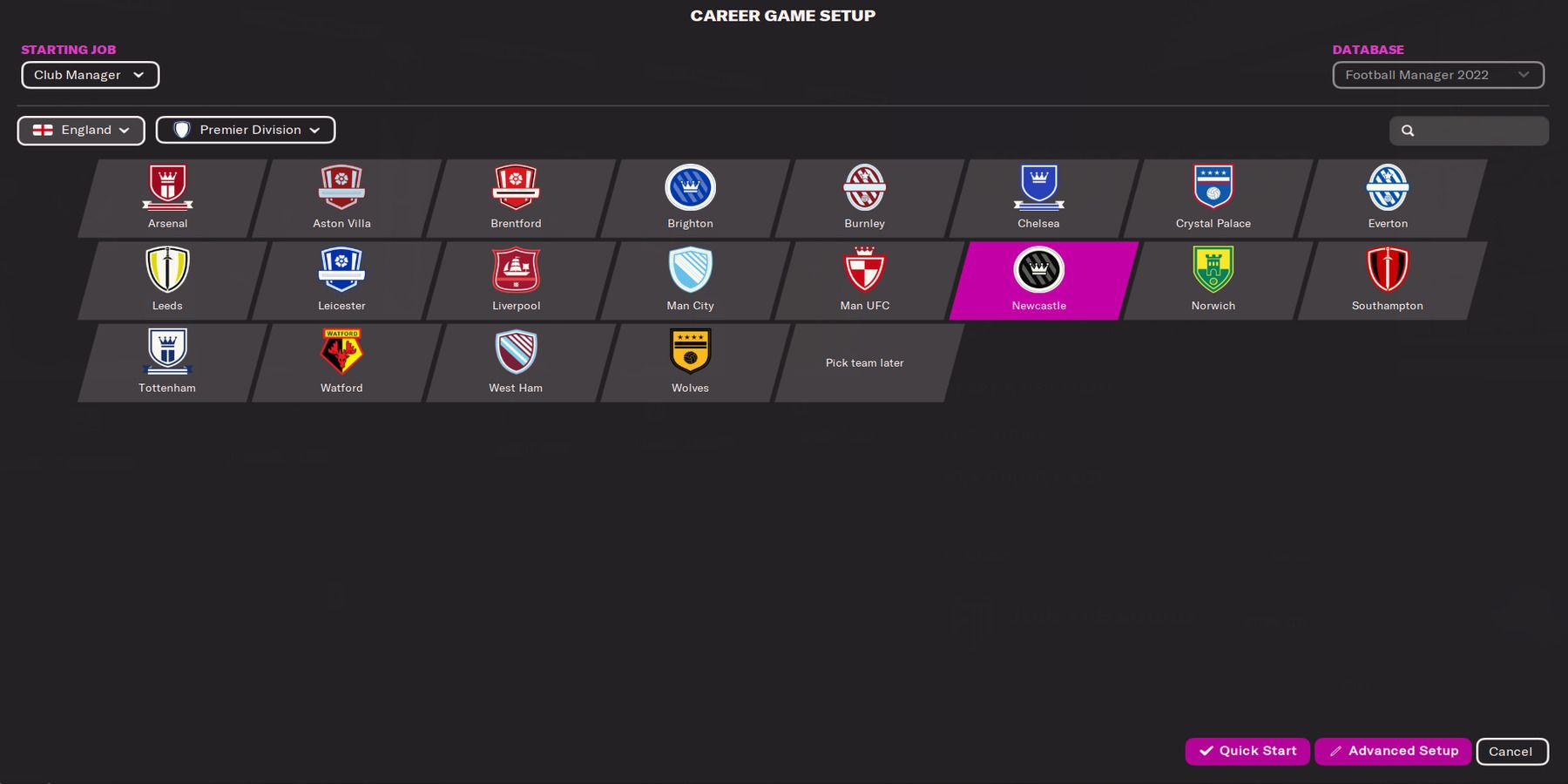 Career Game Setup with Newcastle United highlighted