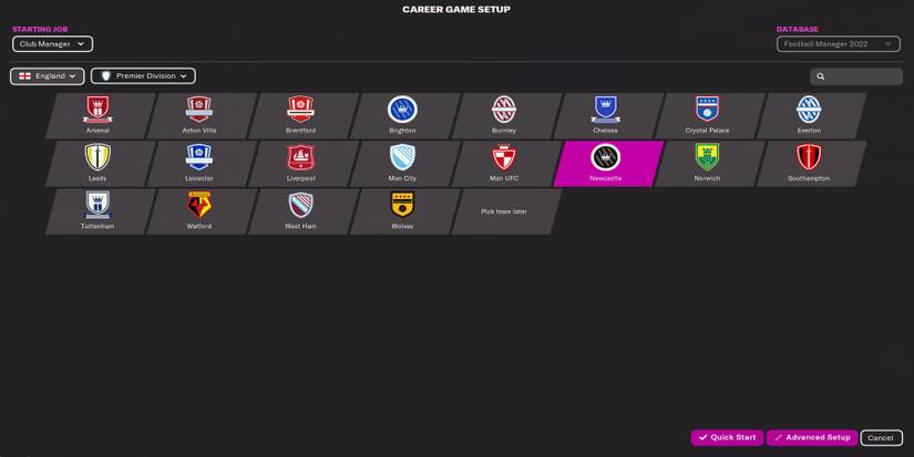 Career Game Setup with Newcastle United highlighted
