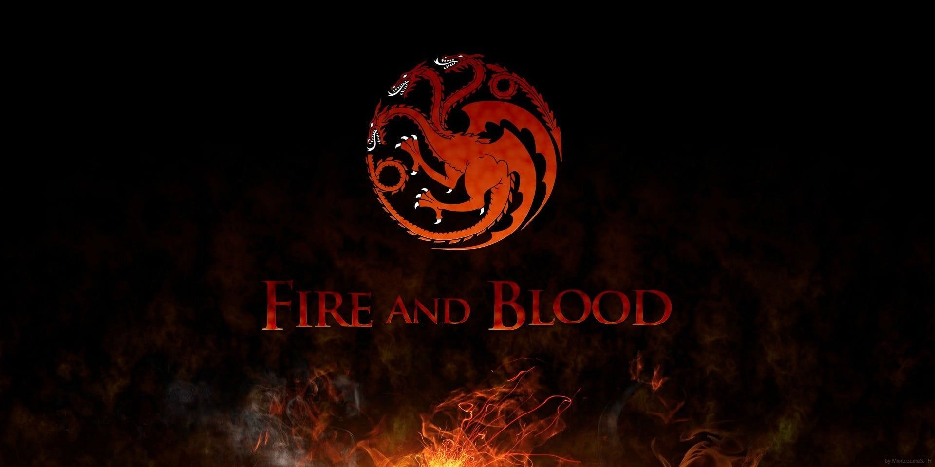 House Targaryen sigil and words on a black and fire background
