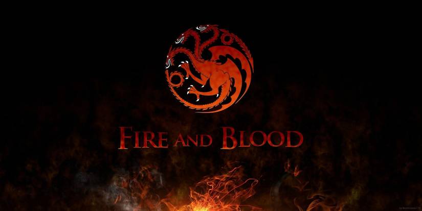 House Targaryen sigil and words on a black and fire background