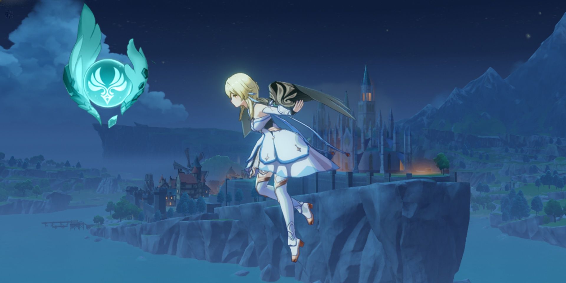 Genshin Impact Animoculus Flying Female Traveler Lumin Moonstad in background