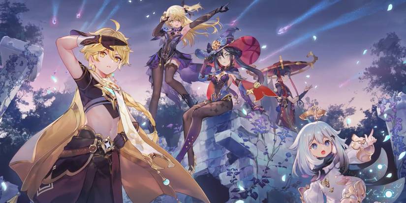 genshin impact unreconciled stars event official artwork male traveler aether paimon mona fischl scaramouche
