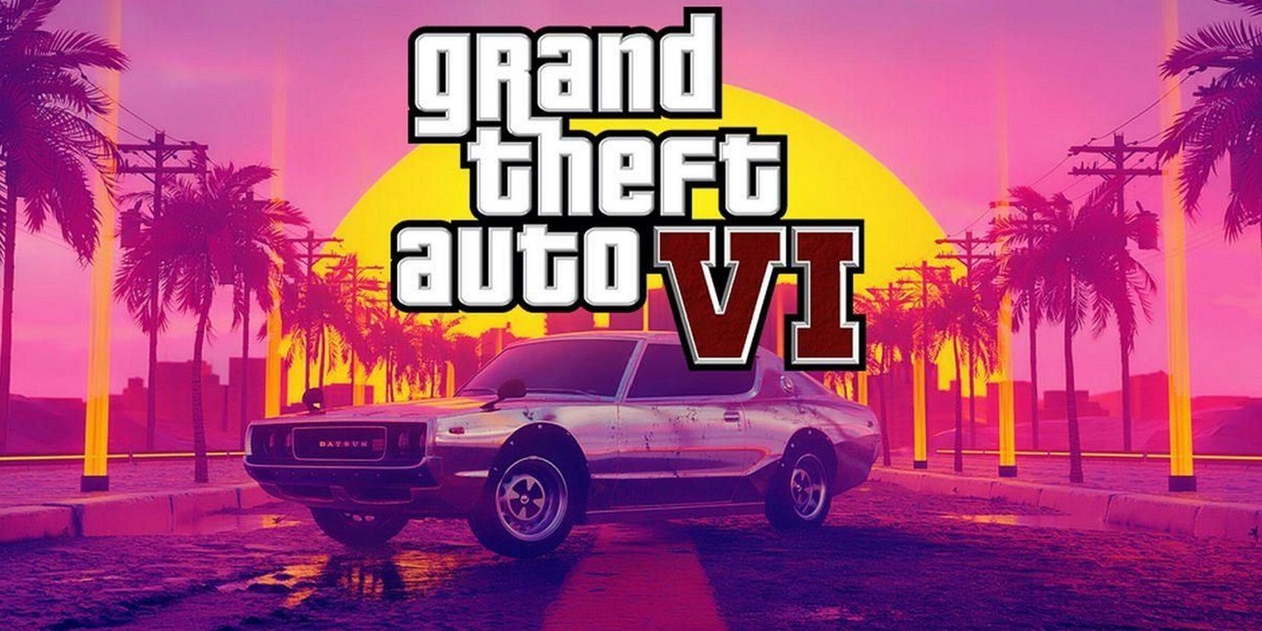 Изображение-макет, показывающее причудливый автомобиль под логотипом Grand Theft Auto 6.