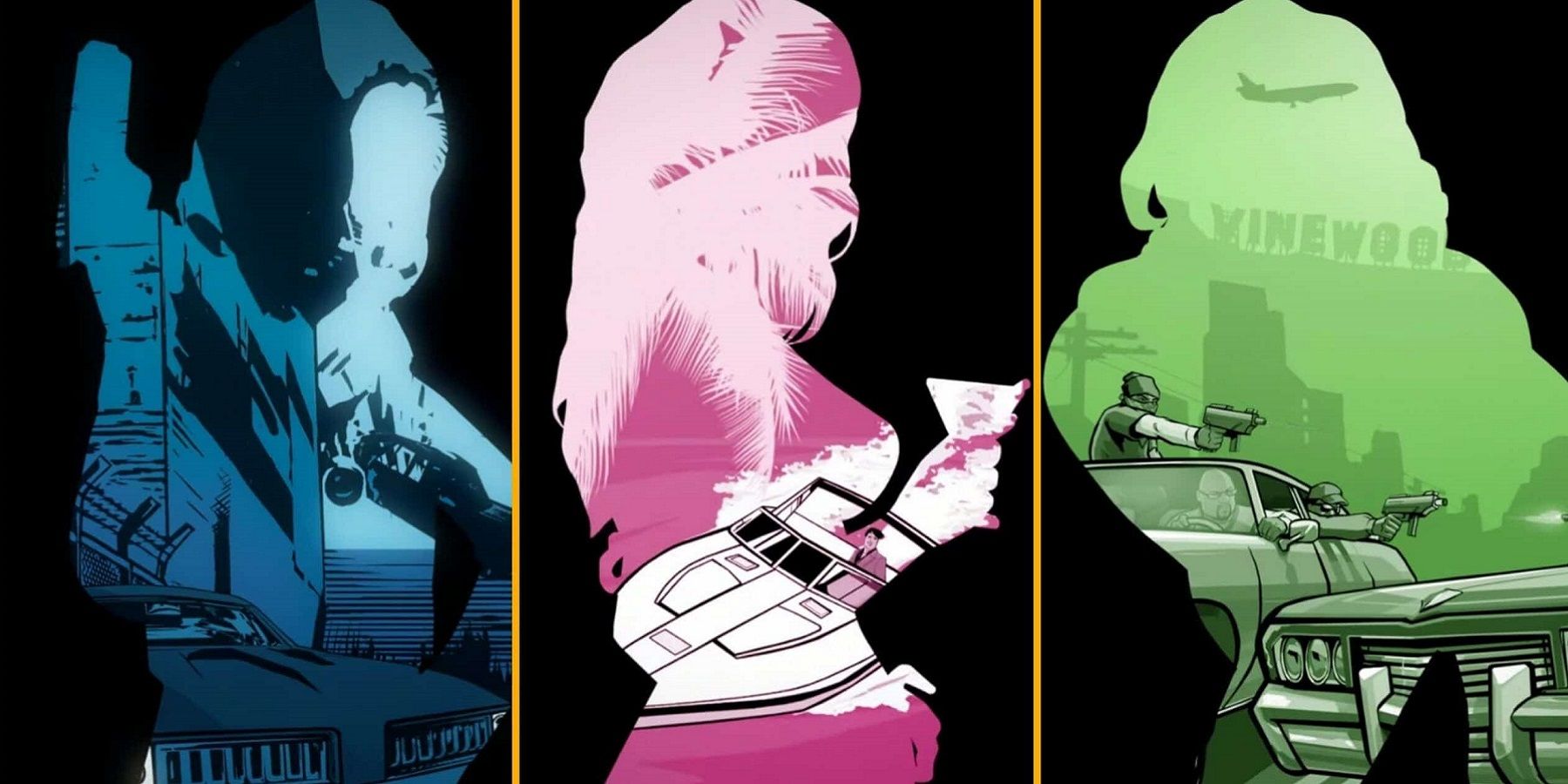 Изображение, показывающее три контура женщин с тремя бокс-артами из трилогии Grand Theft Auto, заполняющими пустое пространство.