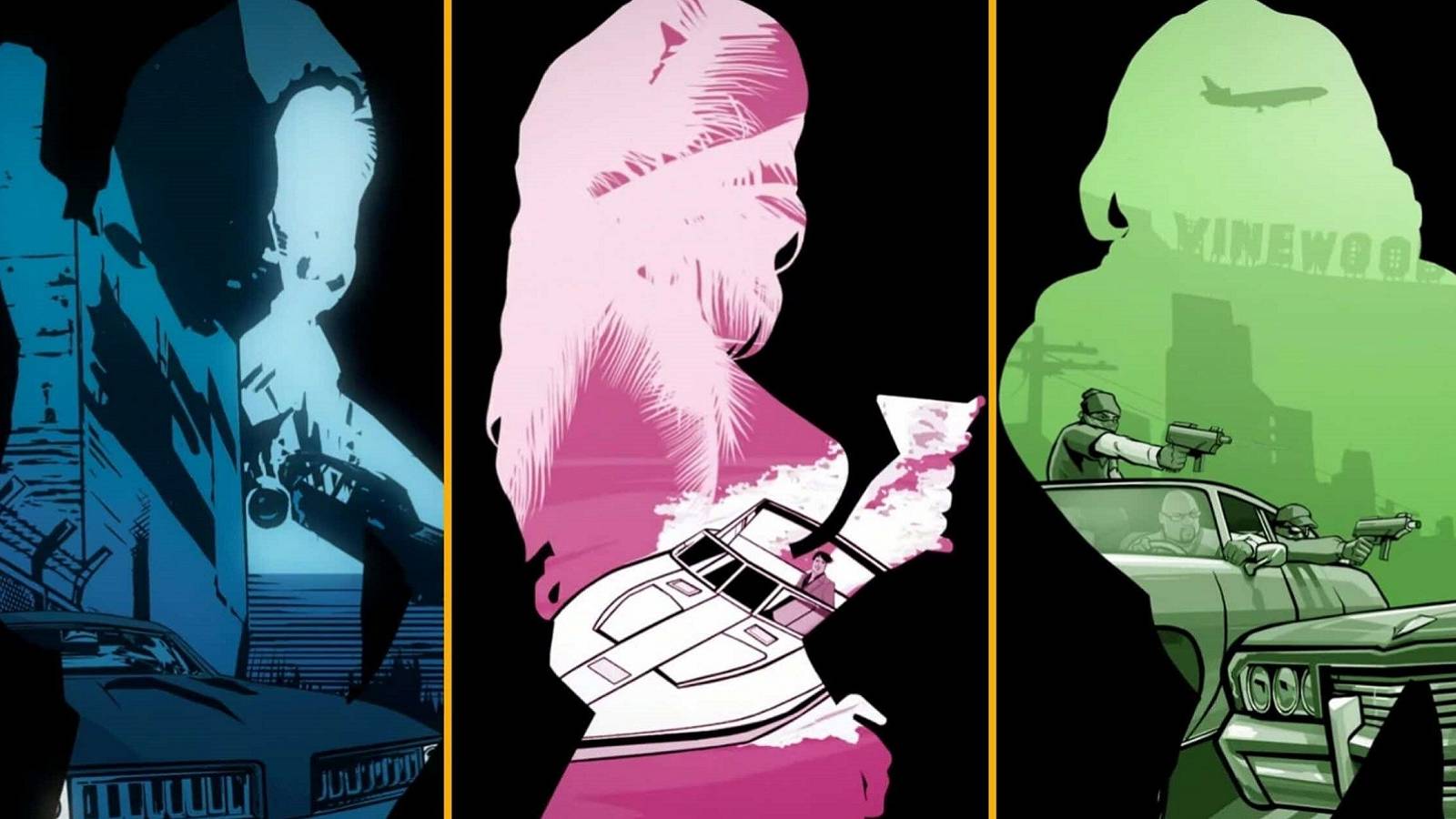 Image showing three outlines of women with the three Grand Theft Auto trilogy boxarts filling the negative space.
