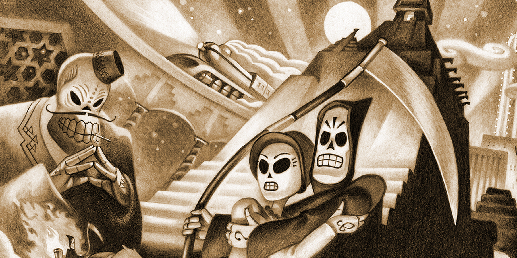 Sepia image showing Grim Fandango by LucasArts.