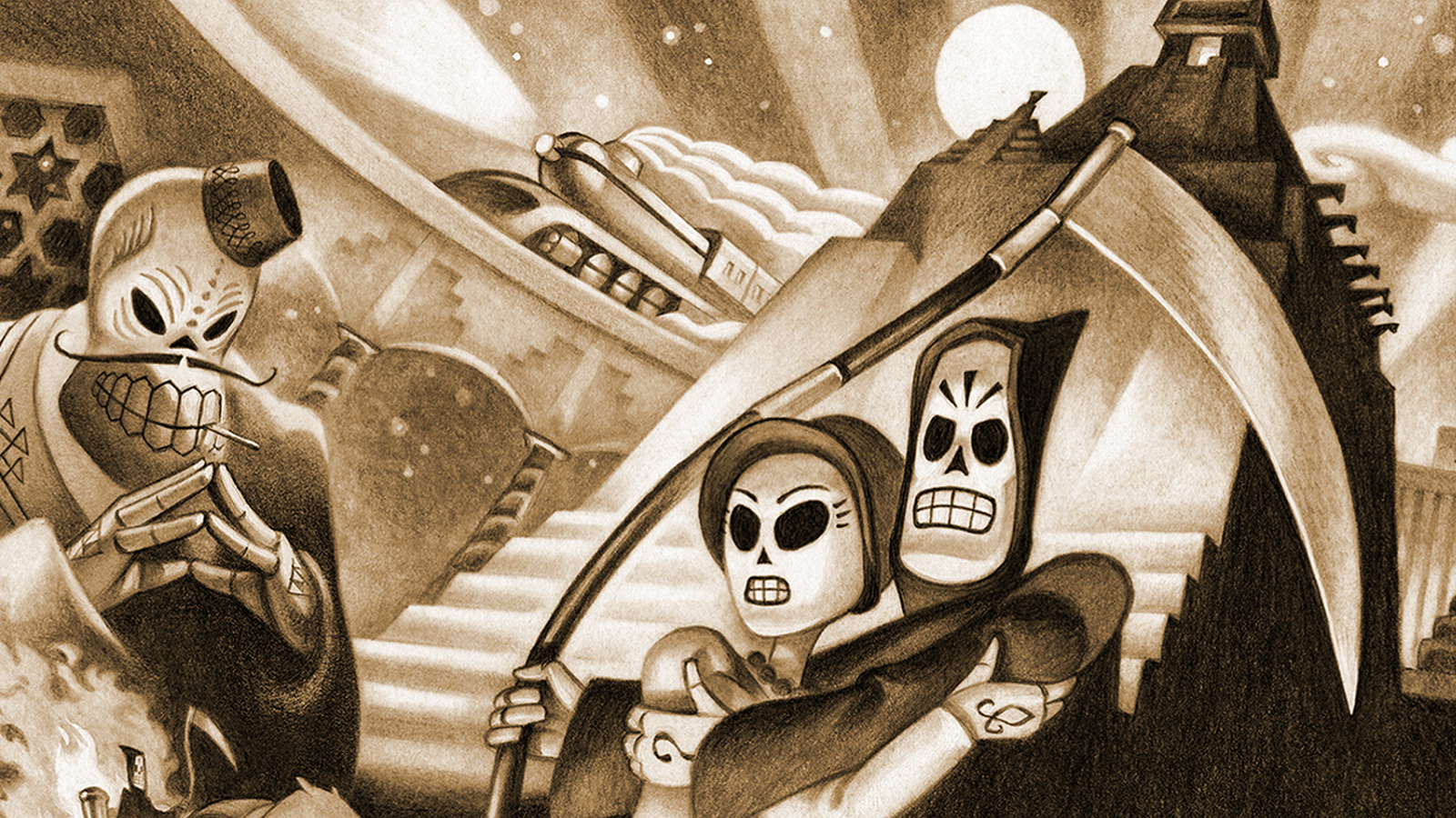 Sepia image showing Grim Fandango by LucasArts.