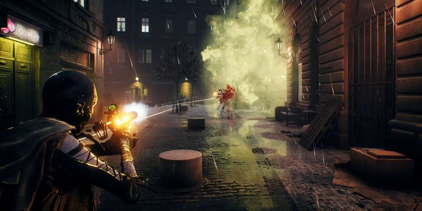 Two Kindred have a gunfight in the street in Vampire: The Masquerade - Bloodhunt