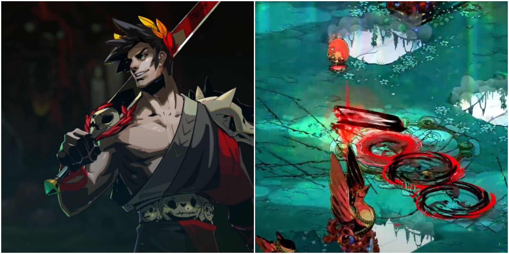 Left: Zagreus art; right: Zag using Blade Dash