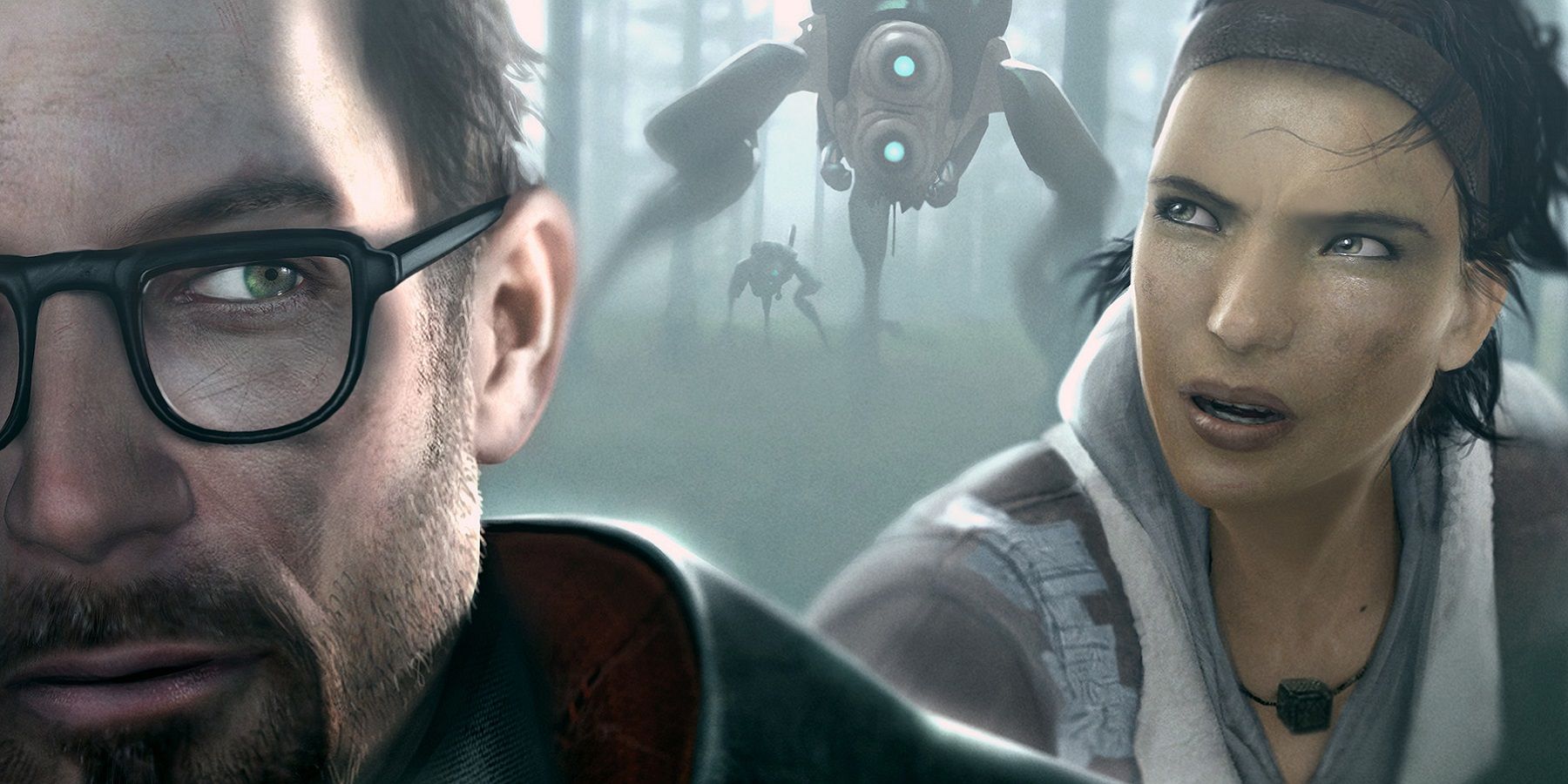 Image from Half-Life 2 showing Gordon and Alyx close to the camera with a Hunter behind them.