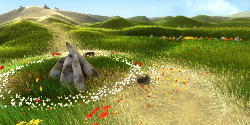 Meadow with rocks and flowers. 