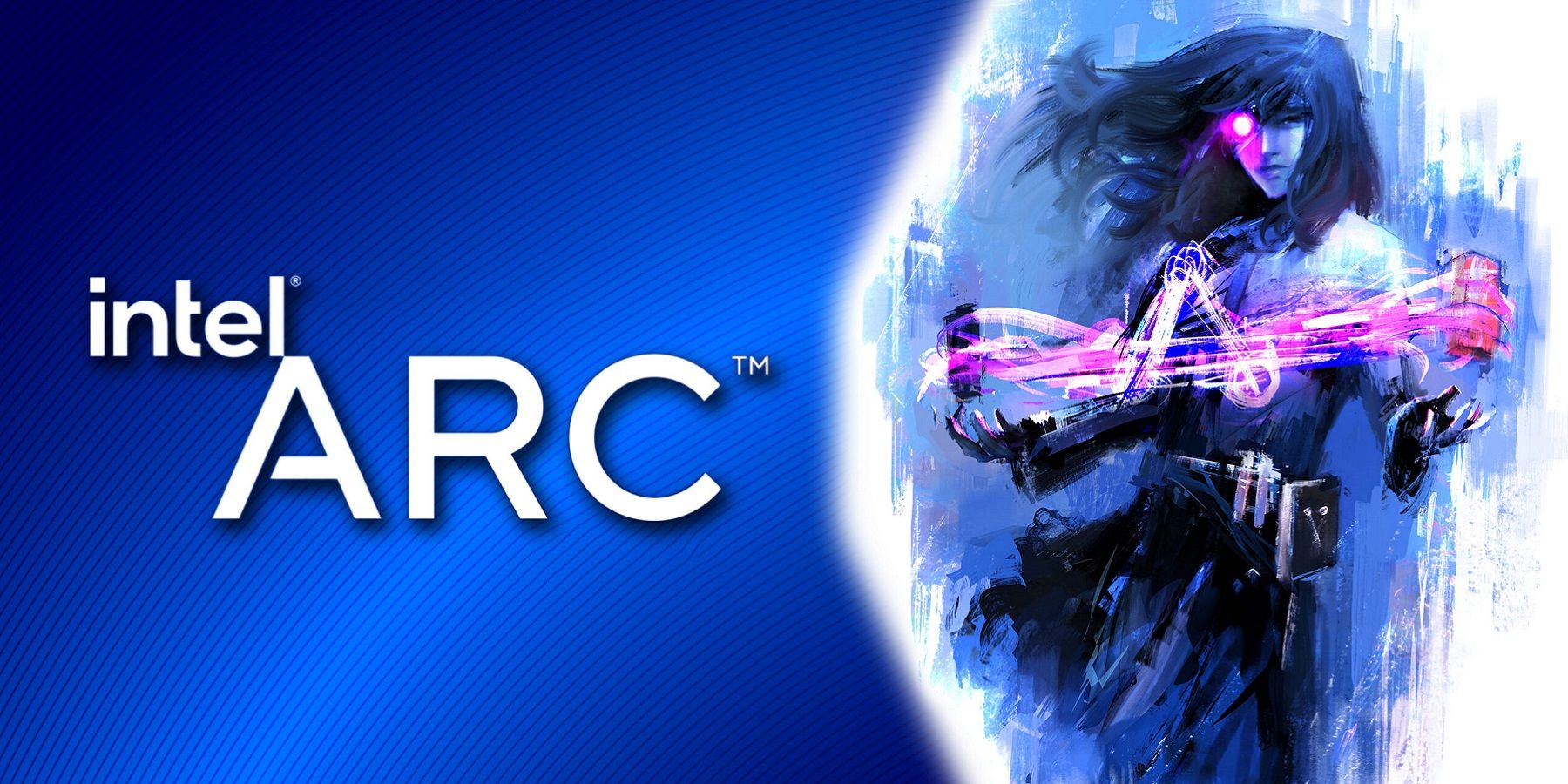Intel Arc logo on a blue background.