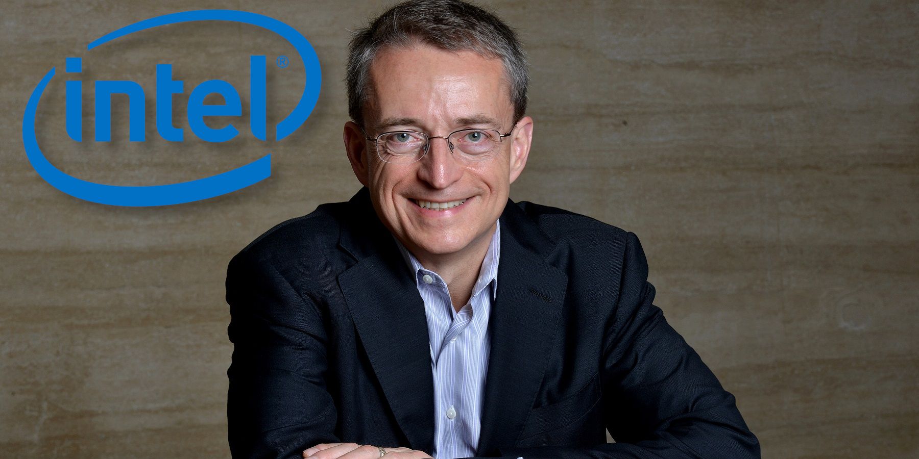 Photo of Intel CEO Pat Gelsinger next to the company logo.