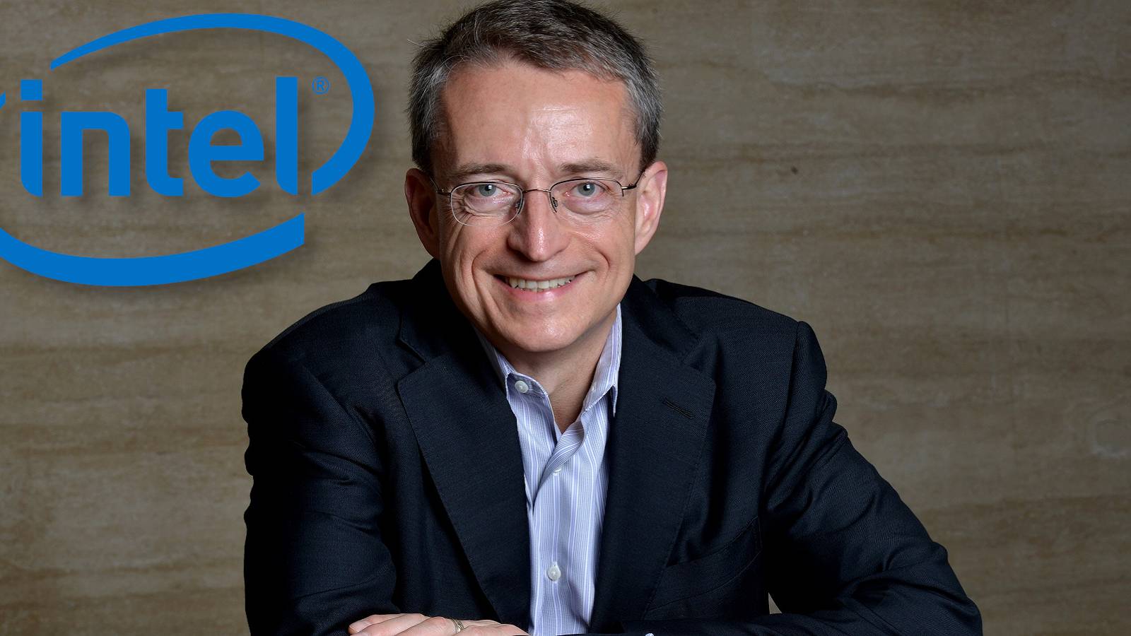Photo of Intel CEO Pat Gelsinger next to the company logo.