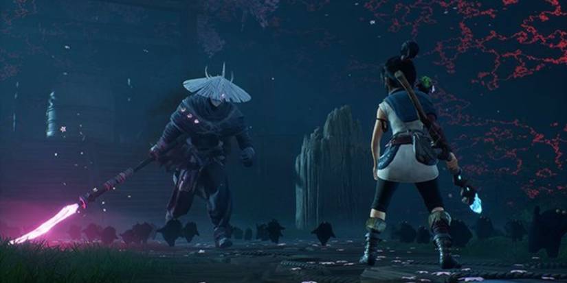 Screenshot of Kena from Kena: Bridge of Spirits facing a samurai. 