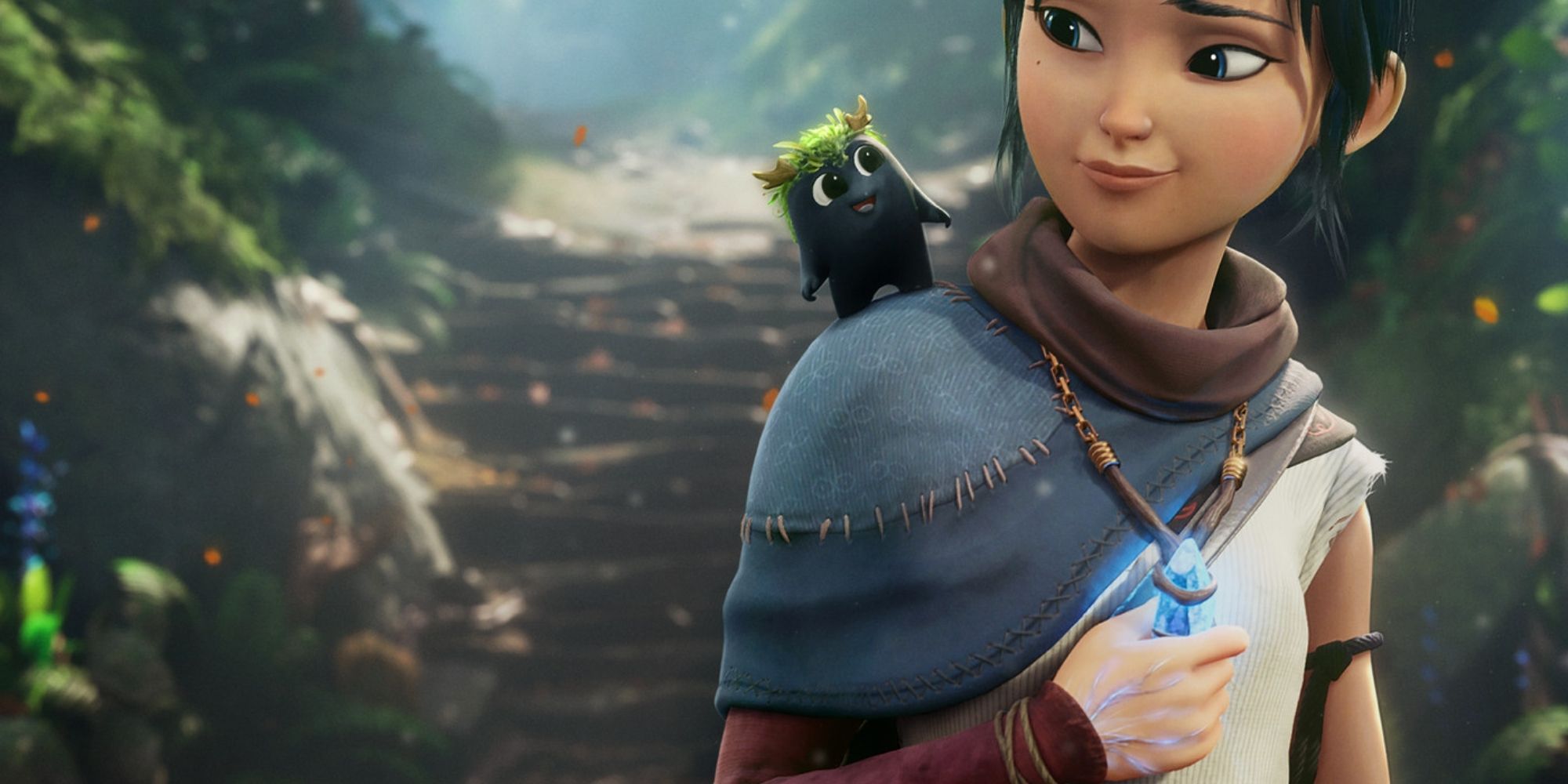Screenshot of Kena with a Rot on her shoulder in Kena: Bridge of Spirits.