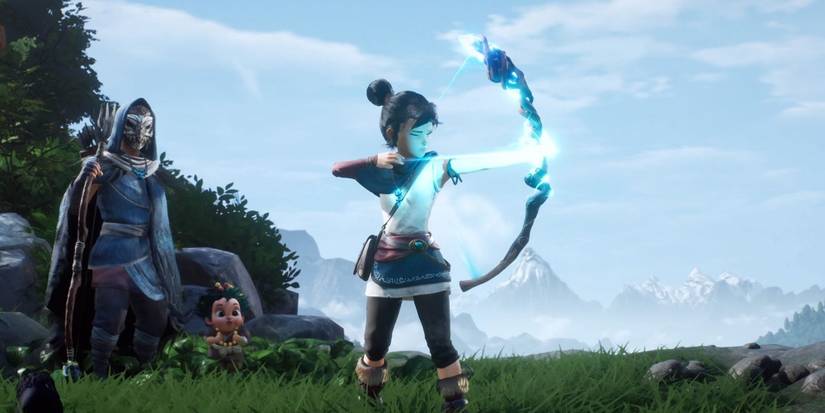 Kena from Kena: Bridge of Spirits practicing with her bow.