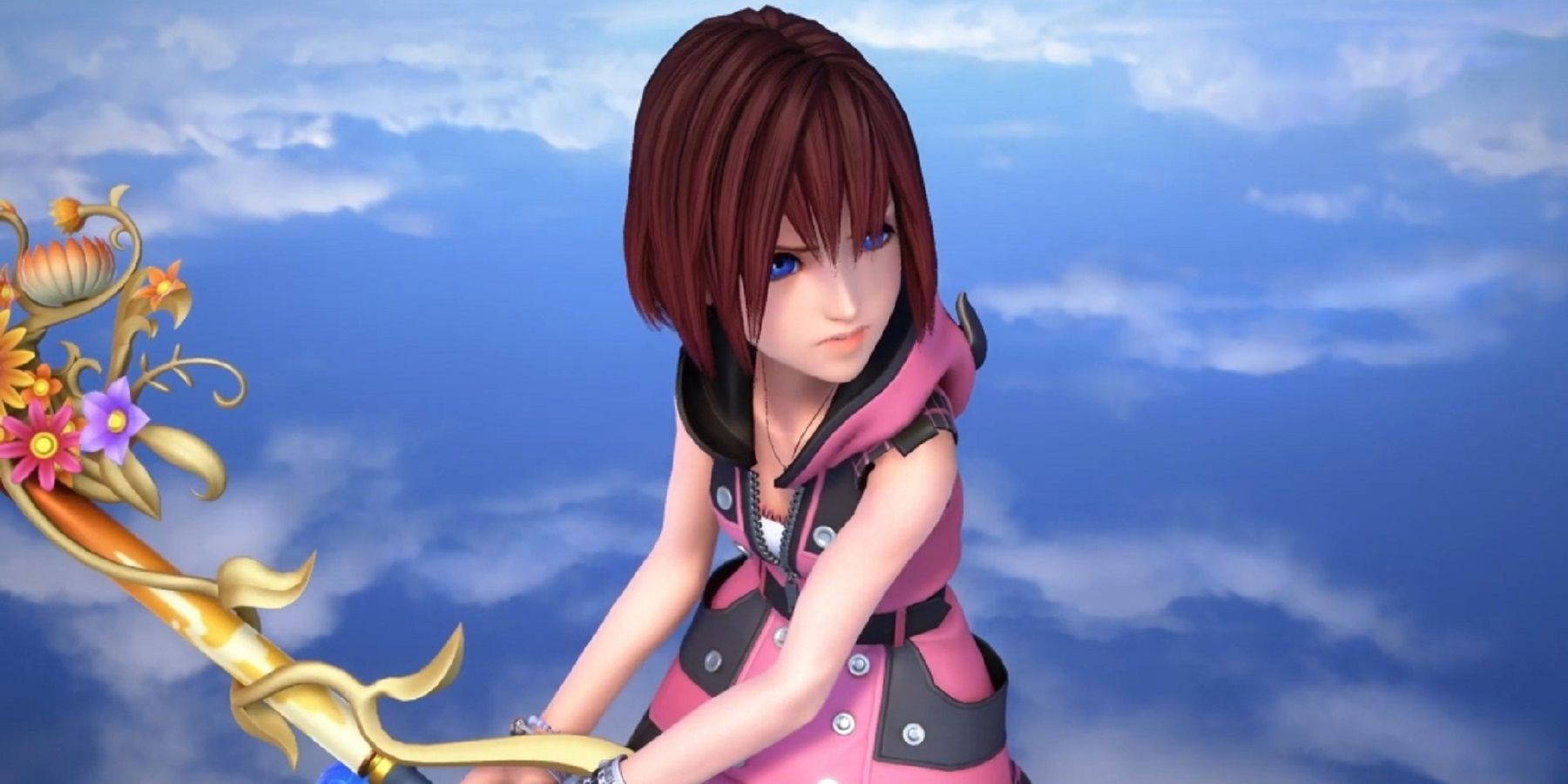 Kairi holding a keyblade in Kingdom Hearts Melody of Memory