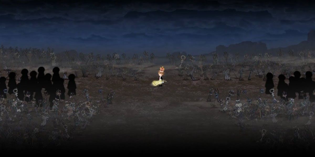 Character in keyblade graveyard surrounded by shadows. 
