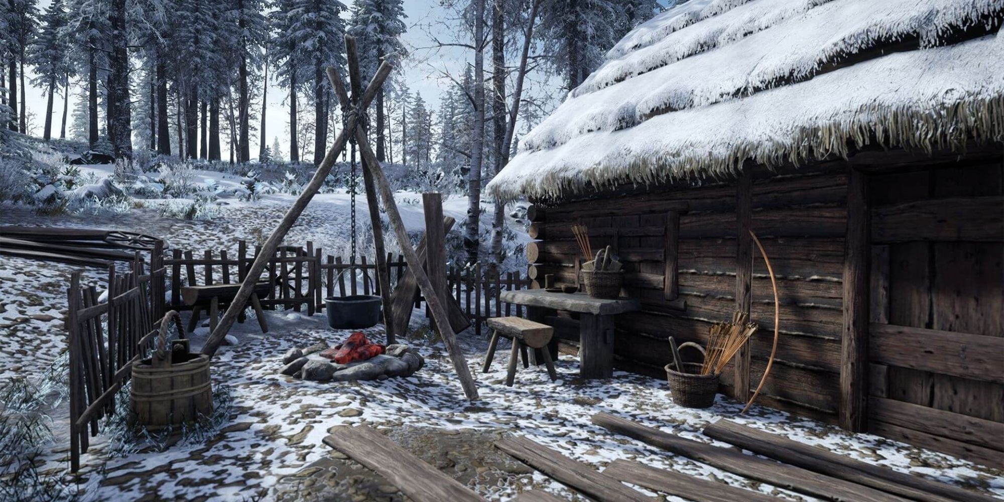 Screenshot of a cabin during winter on Medieval Dynasty.