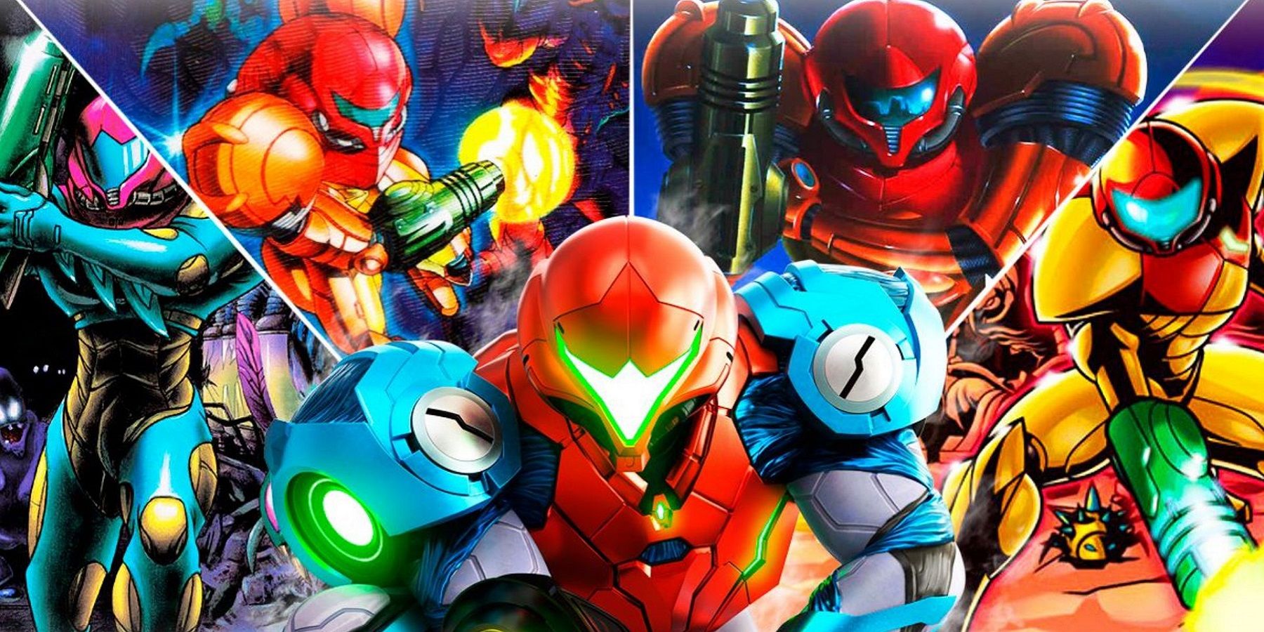 An image showing various and birghtly-colored Samus Arans from Metroid Dread and other Metroid games.
