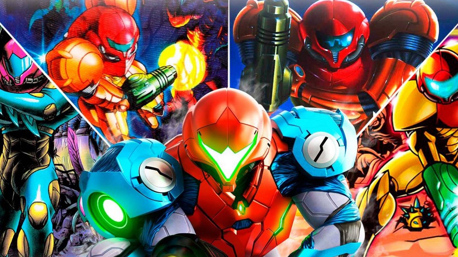 An image showing various and birghtly-colored Samus Arans from Metroid Dread and other Metroid games.