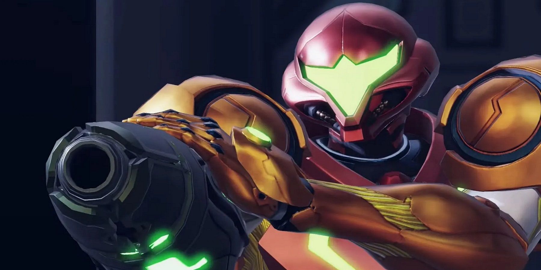 An image from Metroid Dread showing Samus Aran in her orange suit pointing her arm cannon towards the camera.